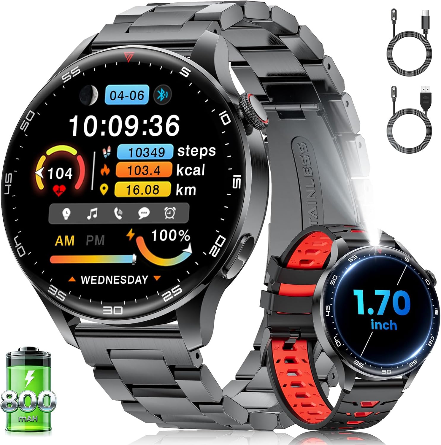 1.7″ Large HD Screen Smart Watch for Men with Bluetooth Call, 100+ Sport Modes, 800mAh, IP68 Waterproof Fitness Tracker Heart Rate/Sleep Monitor, Compatible with iOS Android, Black-Red