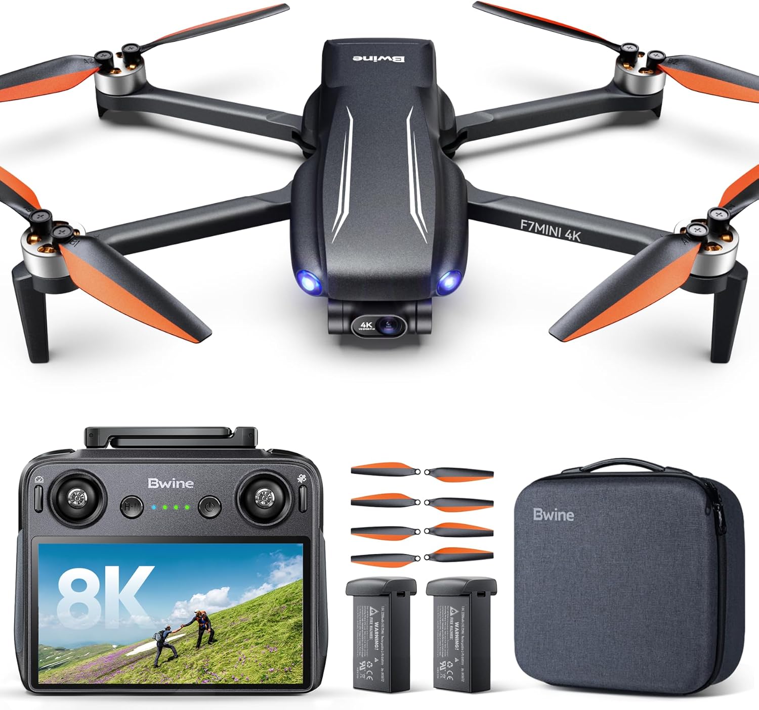 Bwine F7MINI 4K Video 8K Photo Drones with Camera for Adults AI GPS Smart Return, Follow, Waypoint, Orbit Fly, Better for Beginner ，Black and Orange