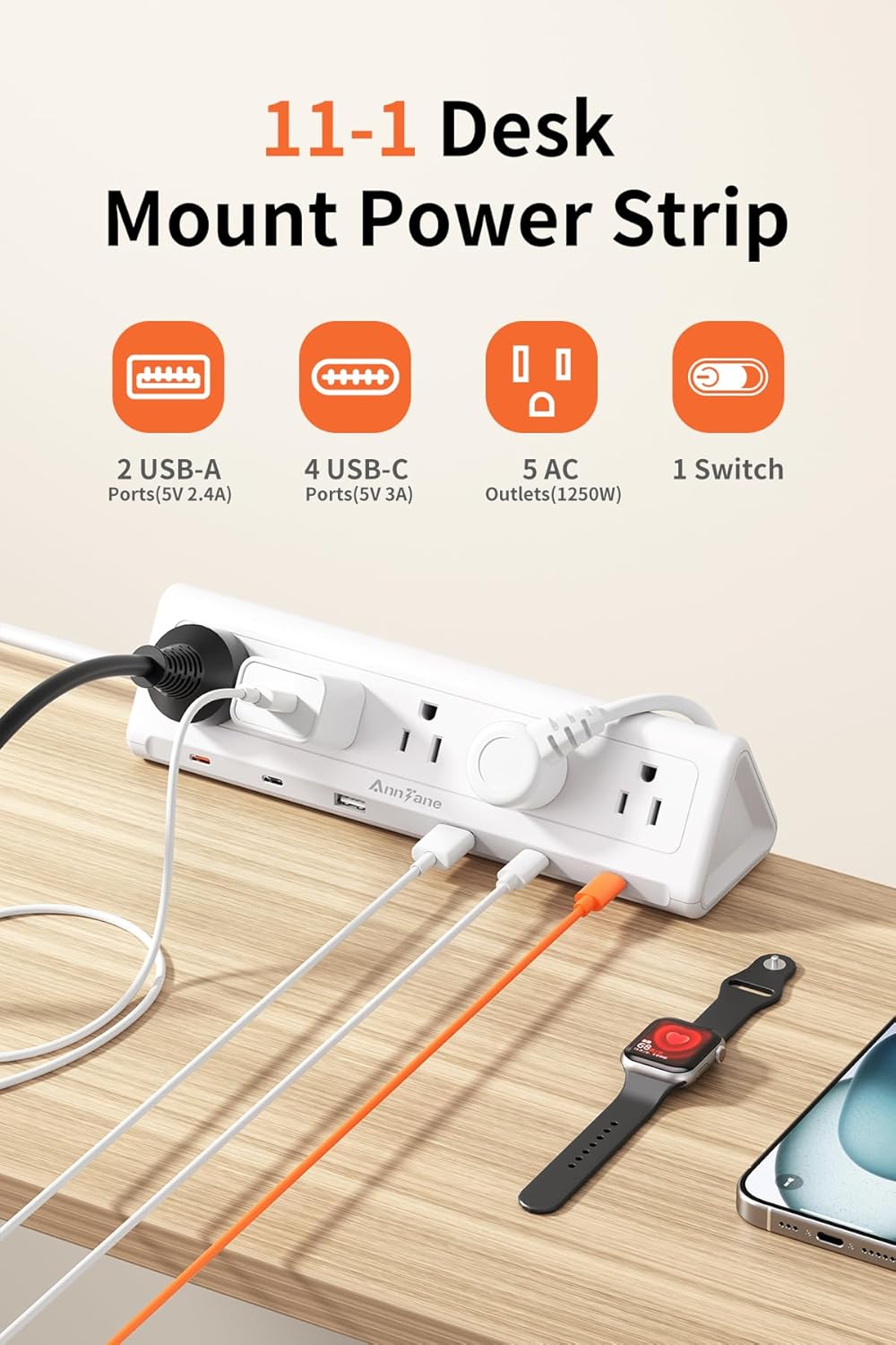 6.5 FT Desk Clamp Power Strip with 5 AC Outlets & 6 USB Ports PD 40W USB-C Fast Charging, 1250J Surge Protector, Fits 2.1 in top Edge White