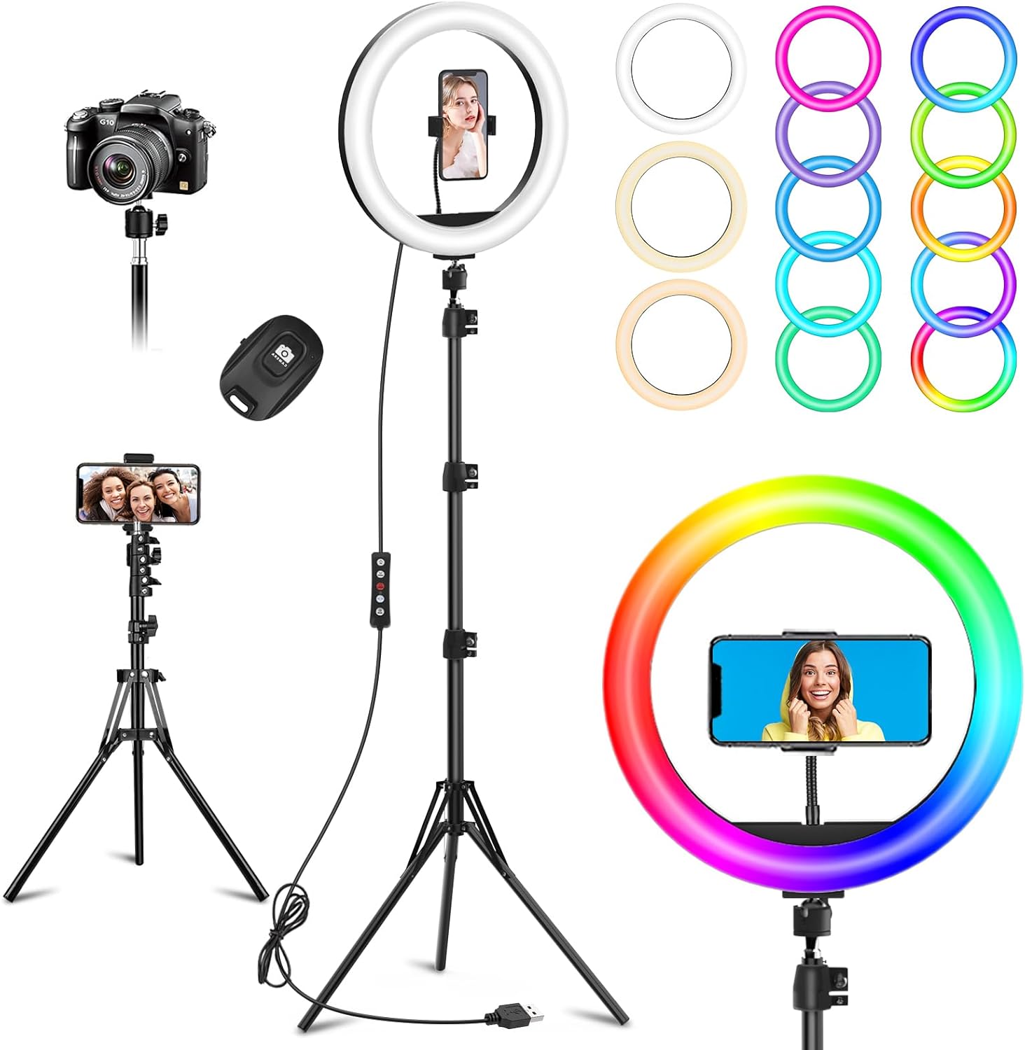 10.3″ Selfie Ring Light with Stand and Phone Holder, Desk Tripod, 29 RGB Lighting Modes, Remote for iPhone &Android Camera. LED Halo Light for Photo, Video Recording, TikTok. Circle Ringlight Dimmable