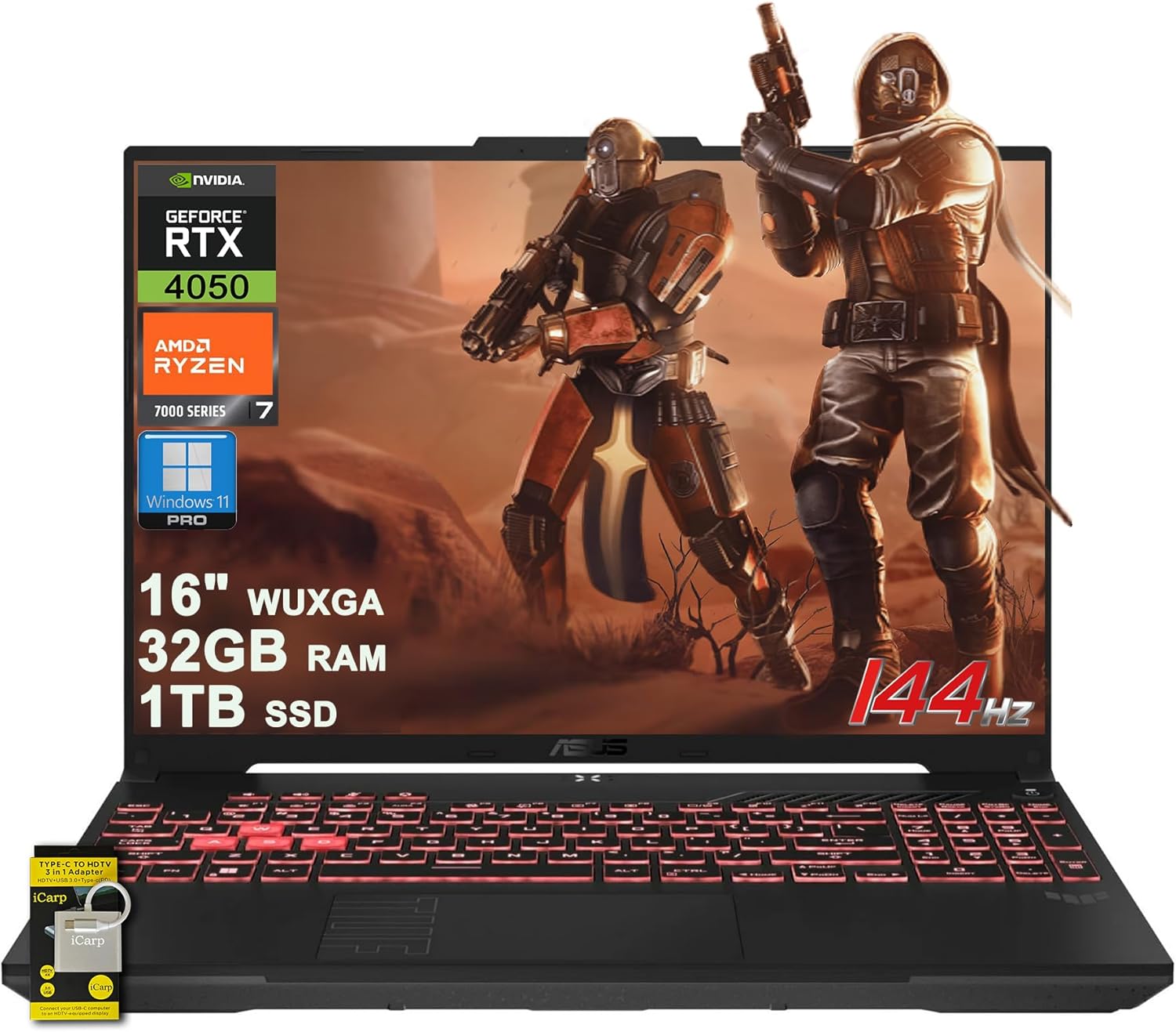 ASUS TUF Gaming A16 Laptop 16″ WUXGA IPS 144Hz AMD 6-core Ryzen 7 7445HS 32GB RAM 1TB SSD GeForce RTX 4050 (Up to 194 AI Tops) RGB Backlit USB4 Two-Way AI Noise Cancelation Win11Pro ICP Hub