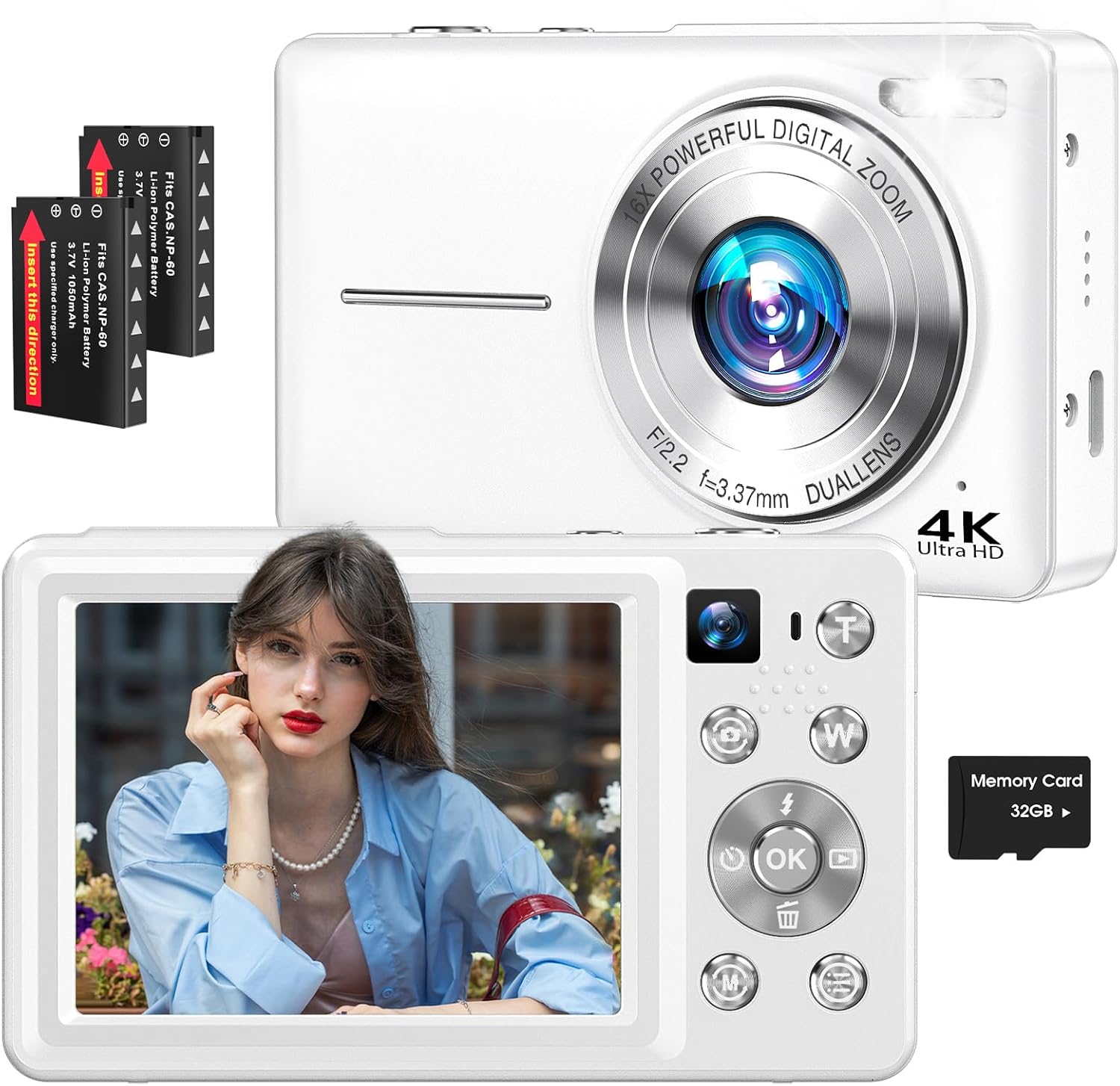 4K Digital Camera, 64MP Autofocus Vlogging Camera with Dual Lens, 16X Digital Zoom YouTube Compact Travel Point Shoot Camera for Teens Beginner, Anti-Shake,2 Batteries, 32GB Card (White)
