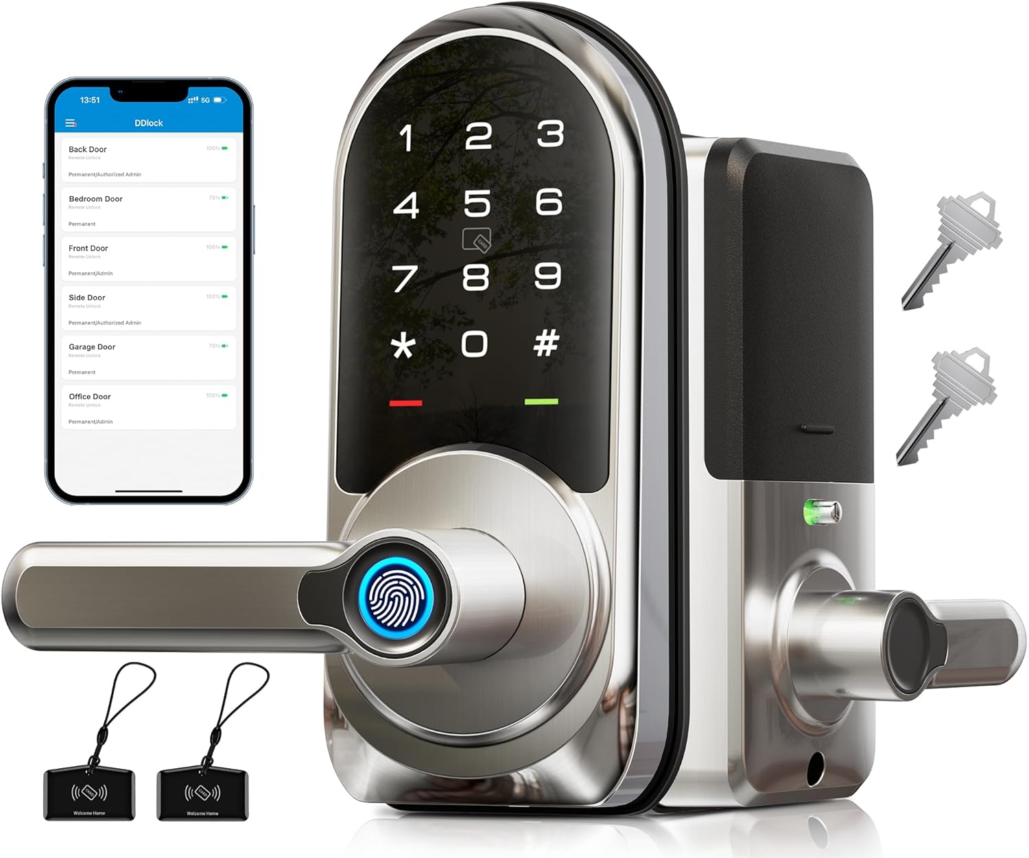 Veise RZ09 Smart Lock, 7-in-1 Keyless Entry with Handle Set, APP Control Fingerprint Deadbolt for Front Door, Electronic Digital Locks with Keypad, Satin Nickel