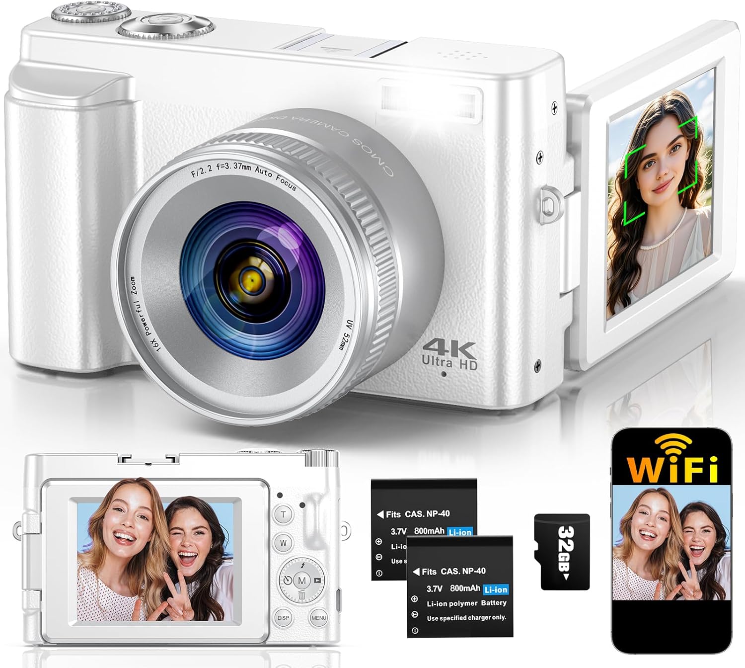 4K Digital Camera for Photography Autofocus, 64MP WiFi Vlogging Camera for YouTube with 2 Batteries, SD Card, 3″ 180°Flip Screen Selfie Compact Travel Camera for Teens with 16X Zoom, Anti-Shake, White