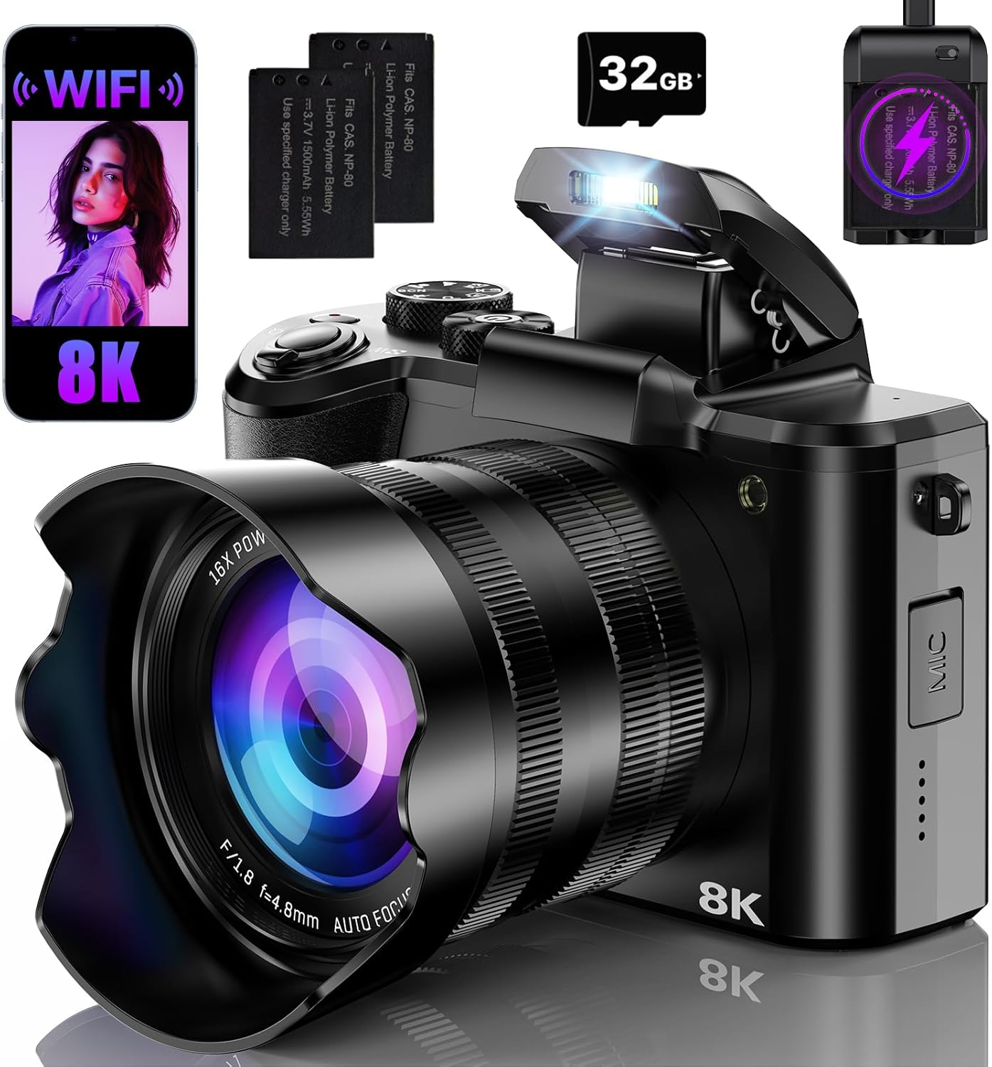 8K Digital Cameras for Photography with WiFi,Autofocus 88MP Vlogging Camera for YouTube with Dual-Lens,16X Digital Zoom Point and Shoot Camera,3.2”Touch Screen, Anti-Shake,2 Batteries &Charging Stand