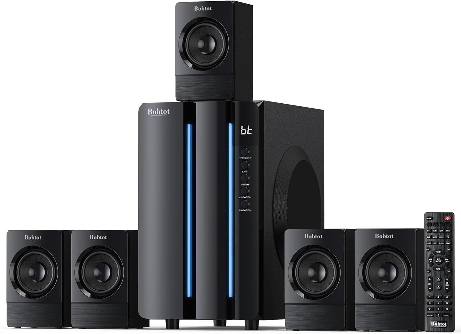 Bobtot Surround Sound Systems Home Theater System – 800 Watts Peak Power 6.5″ Subwoofer 5.1 Wired Stereo Speakers Strong Bass with ARC Optical AUX Bluetooth Input