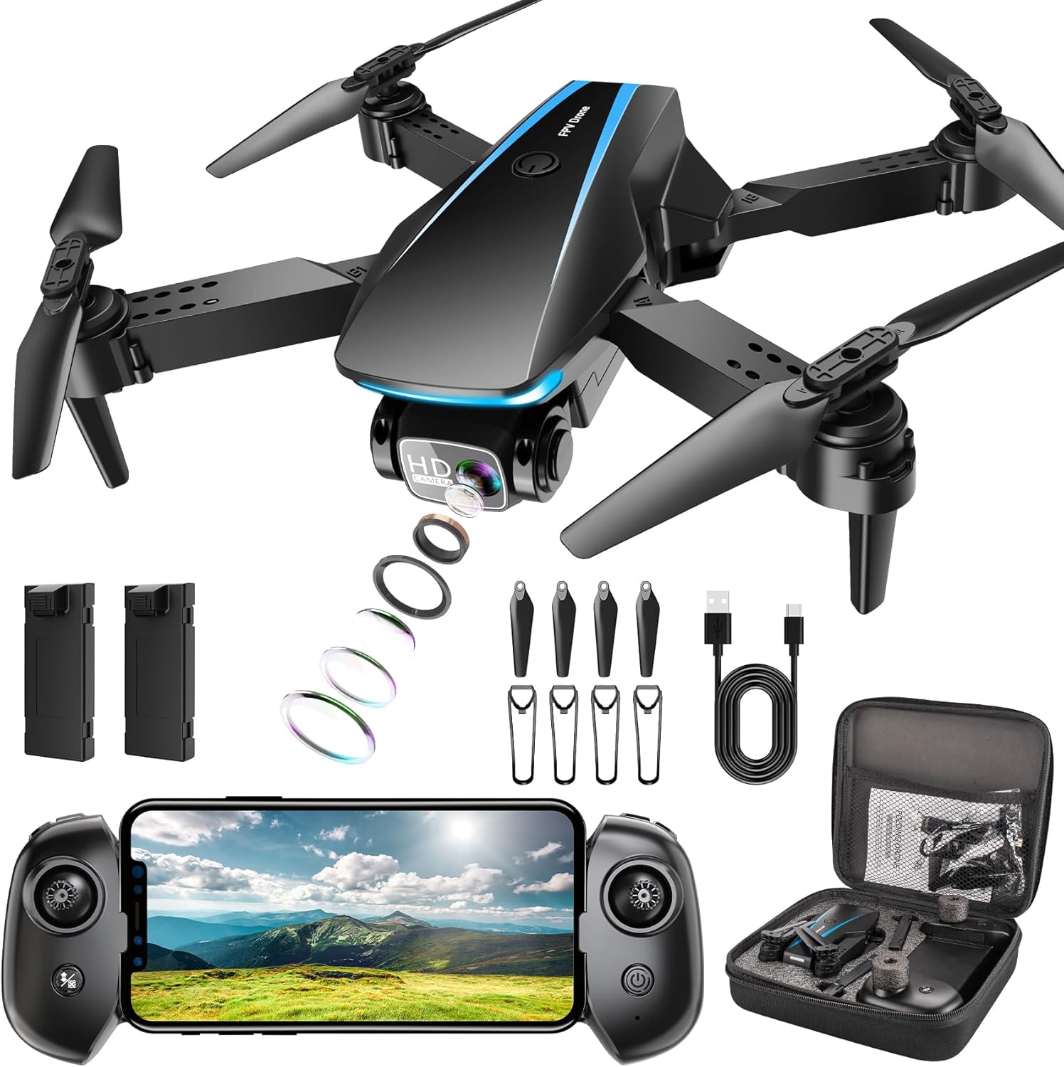 Oddire Drone with Camera – Drones for Adults, with 2 Batteries, Carrying Case, Propellers, 1080P HD Foldable Drone with Stable Hover, Trajectory Flight, Gravity Control, One Key Take Off/Land, 3D Flip
