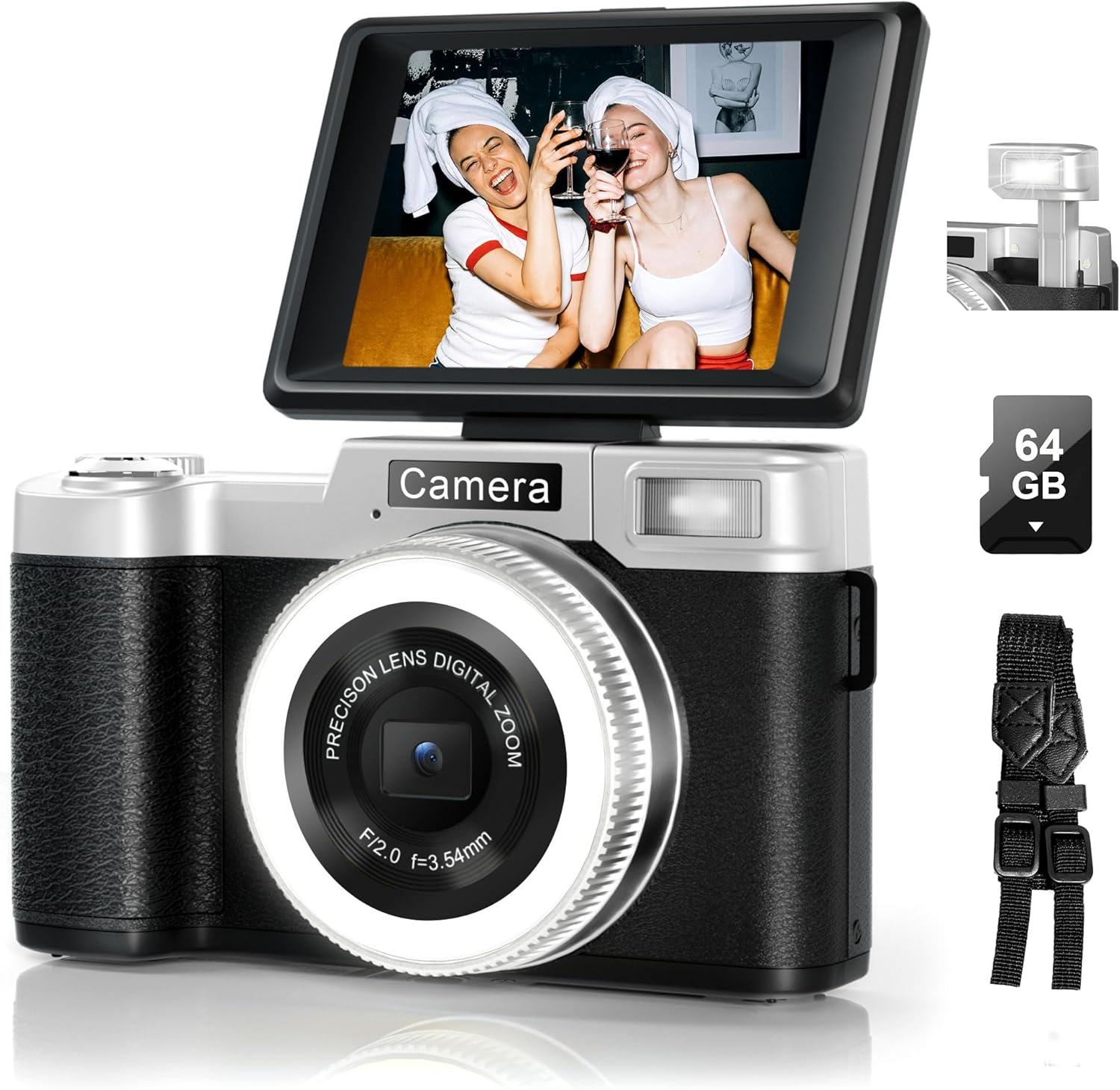 Yatao Digital Cameras for Photography and Vlogging, 4K 64MP Flip Screen, Use with LED Light, 64GB TF Card, Compact Photo WiFi Camera for YouTube Kit Travel, Beginners (Silver-Black)