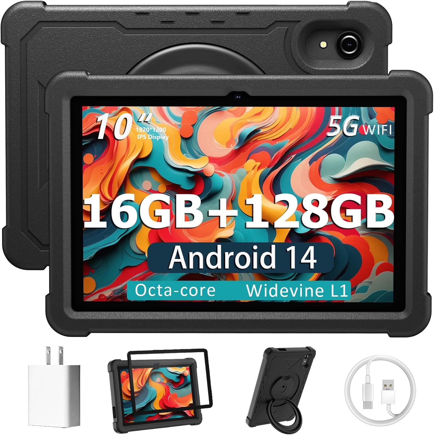 Tablet 10 Inch Android 14 Tablet, 16GB RAM 128GB ROM, 1TB Expansion, Octa-core, Large Capacity Battery, 5MP + 8MP Dual Camera, 5G/2.4G WiFi, Bluetooth 5.0, GPS, Drop-Proof Case – Black (Black)