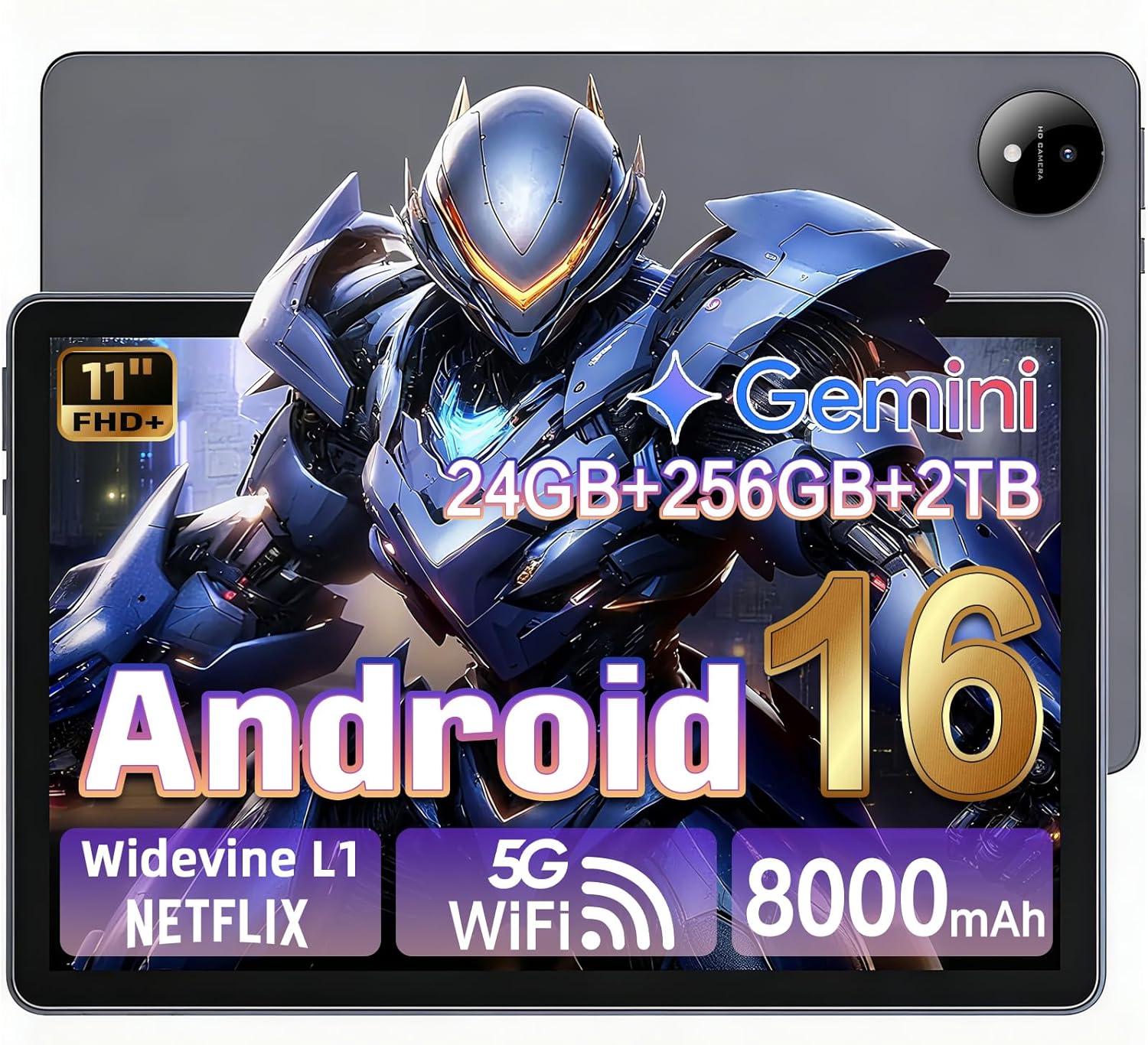 Android 16 Tablet with Gemini AI 90HZ Refresh Rate, 11 Inch 1920×1200 Pixels FHD, 24GB RAM 256GB ROM 2TB TF, T7250 Octa-Core Gaming Tablets, 13MP+8MP, 8000mAh Battery, Widevine L1, 5G Wifi, GPS (Gray)