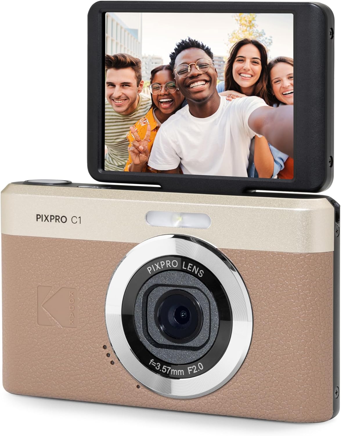Kodak PIXPRO C1 Digital Camera, 13MP Compact Point & Shoot with 4X Digital Zoom, 26mm f/2.0 Wide Angle, 180 Degree Flip Screen, 1080p HD Video, Brown