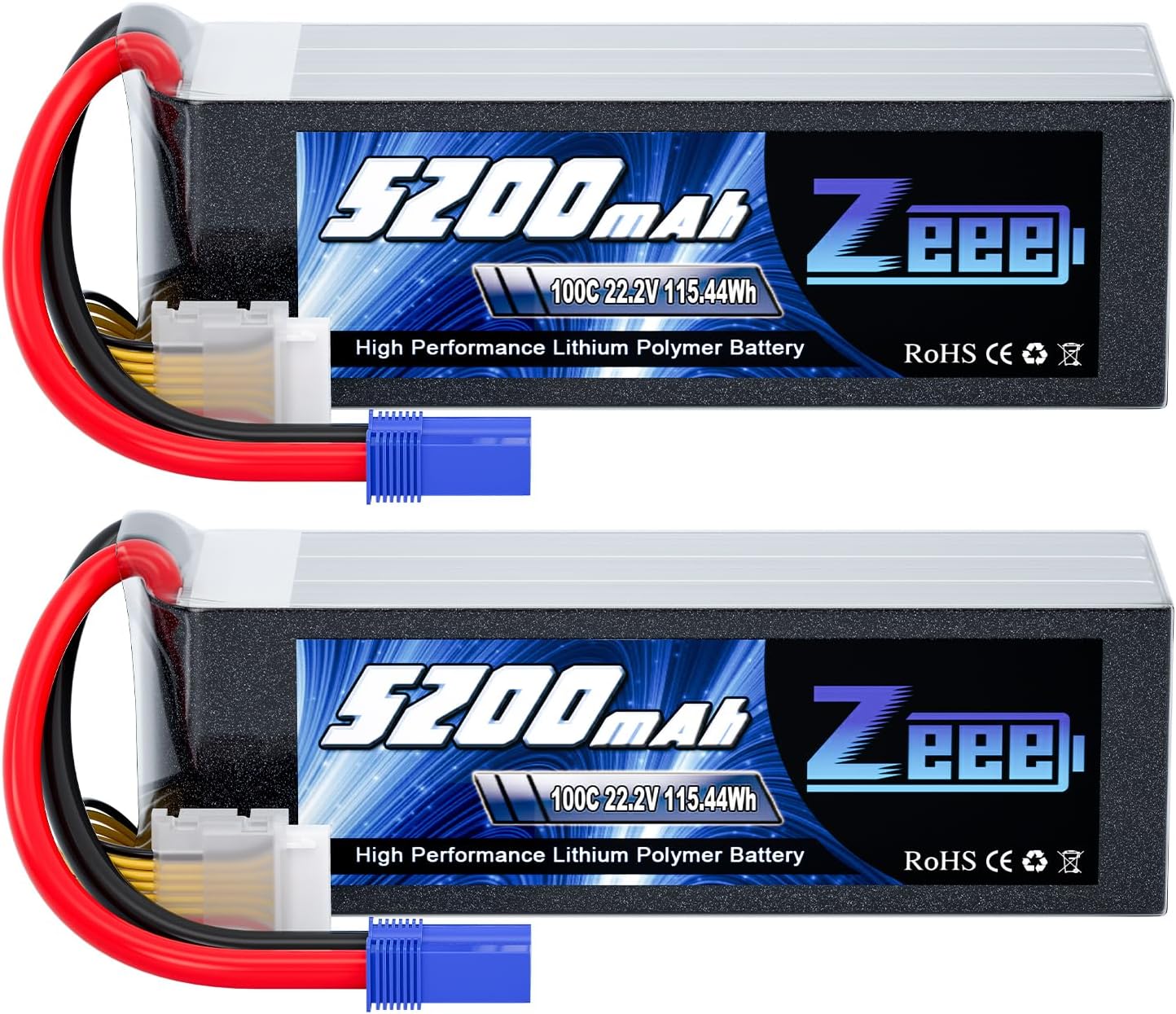 Zeee 6S 5200mAh Lipo Battery 22.2V 100C with EC5 Connector Soft Pack RC Battery for RC Car Truck Airplane Helicopter Quadcopter Boat (2 Pack)
