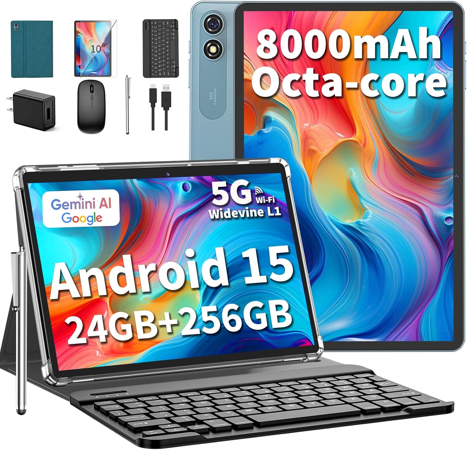 10 inch Android 15 Tablet, 2026 Tablet with Keyboard, 24GB+256GB+2TB Expand, 2 in 1 Tablets with Gemini AI, Octa-Core, 8000mAh, 5G WiFi, Widevine L1, GMS, Tablets PC with Case, Mouse, Stylus (Green)