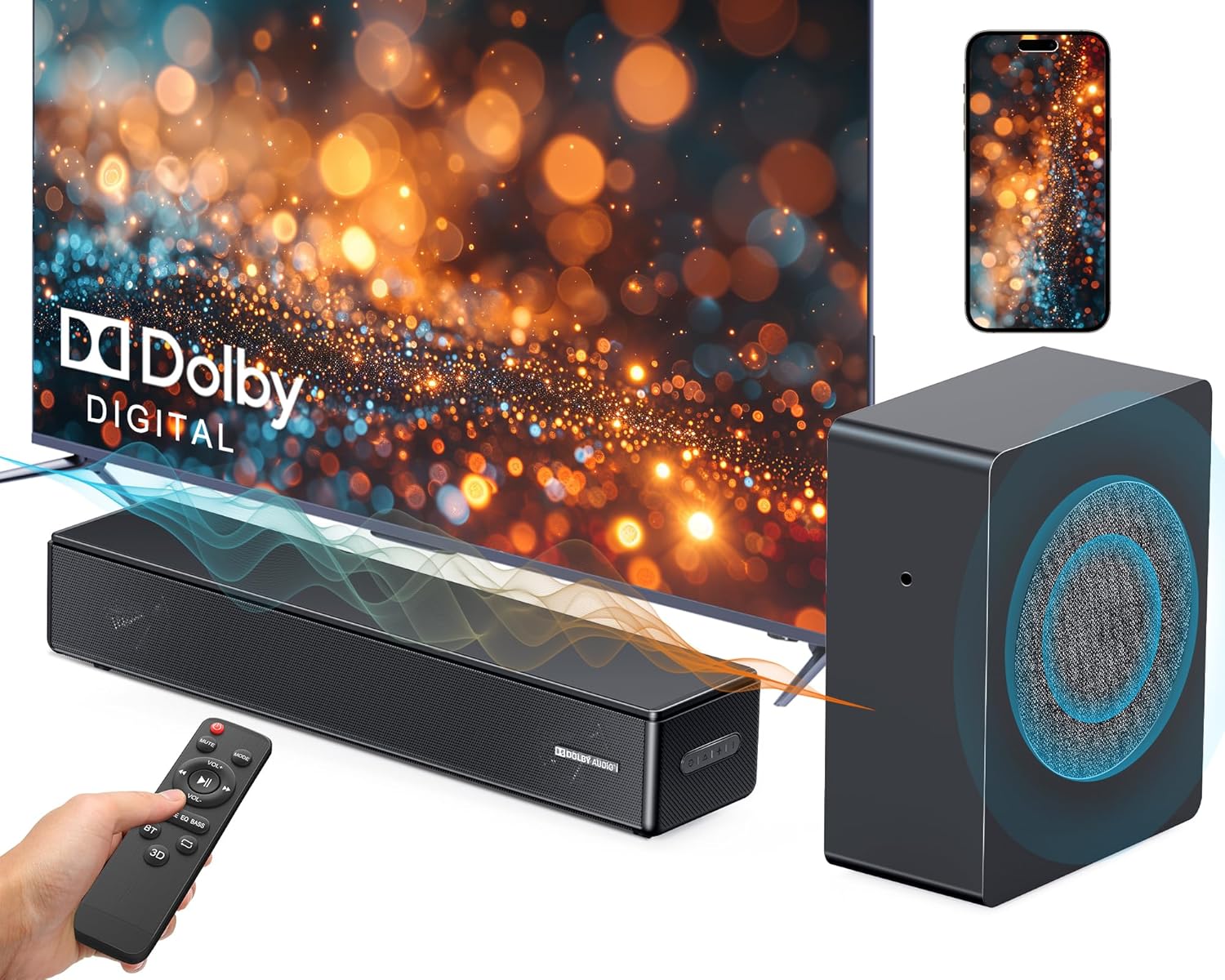 GEOYEAO 2.1 ch Soundbar with subwoofer, Dolby Digital 100W Sound Bars TV Speaker Home Theater Audio Surround Sound System, HDMI eARC/Bluetooth/DSP/Remote Control External Speakers for Smart TVs