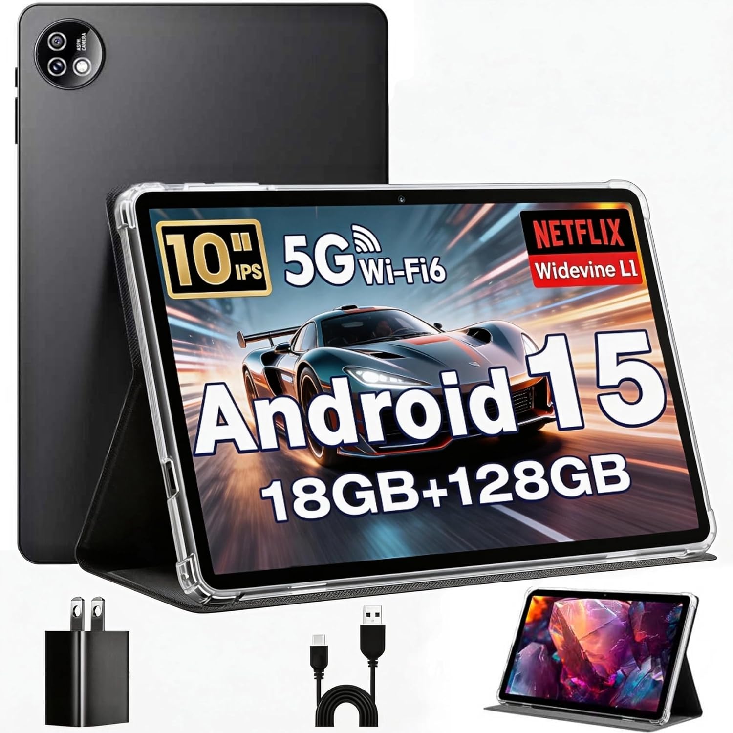 Tablet, 10 inch Android 15 Tablets with Octa-Core Processor, 18 GB RAM 128 GB ROM 1 TB Expand, 1280×800 HD Touchscreen, GPS, 5G/2.4G WiFi, 5MP+8MP Dual Camera, BT5.0, 6000mAh, Widevine L1