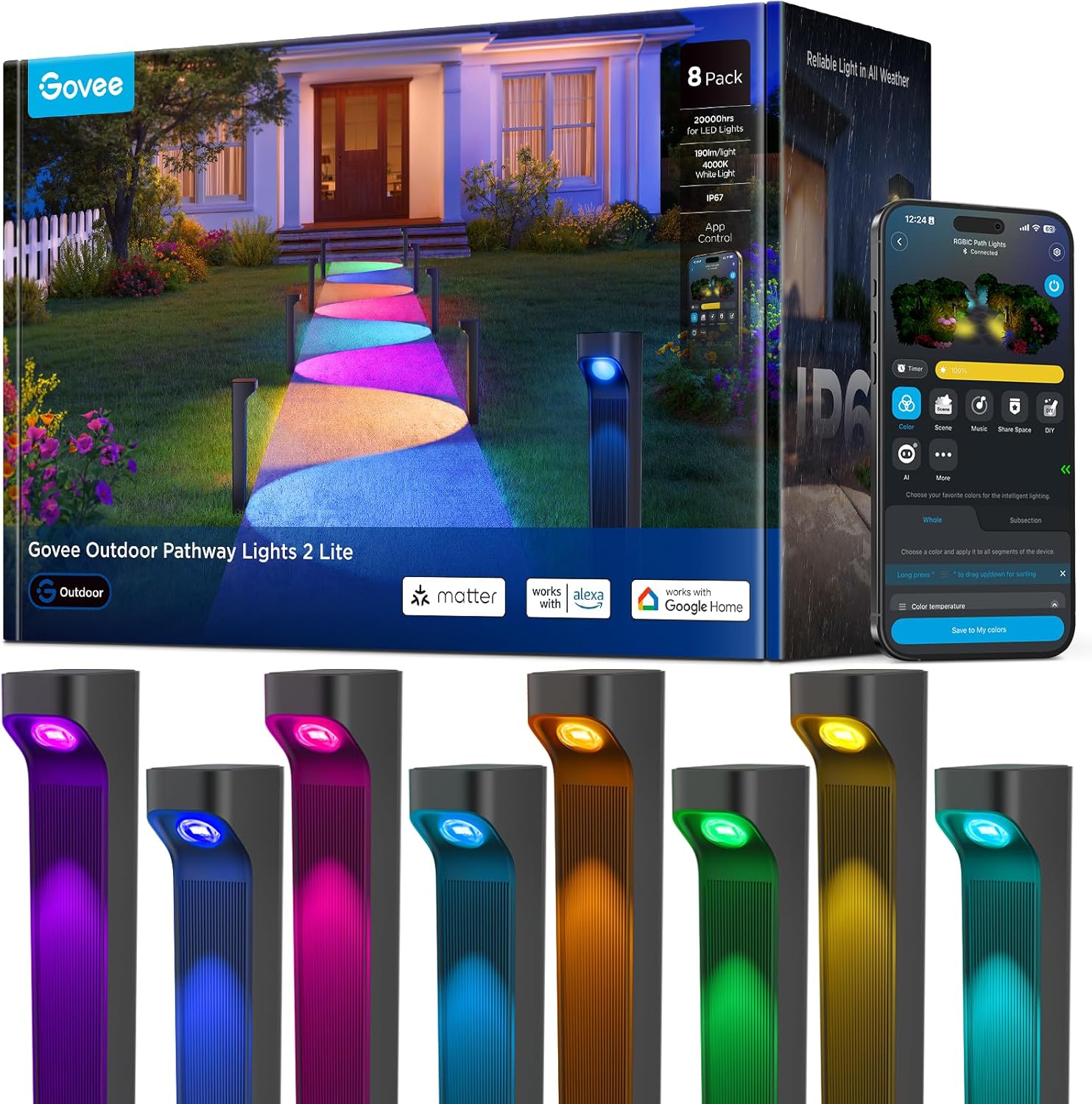 Govee Outdoor Pathway Lights 2 Lite 8 pack, IP67 Waterproof, 16 Million Colors, 60+ Scene Modes Patio Lights for Path,Landscape Lighting, Outdoor Decor, Compatible with Alexa, Google Assistant, Matter