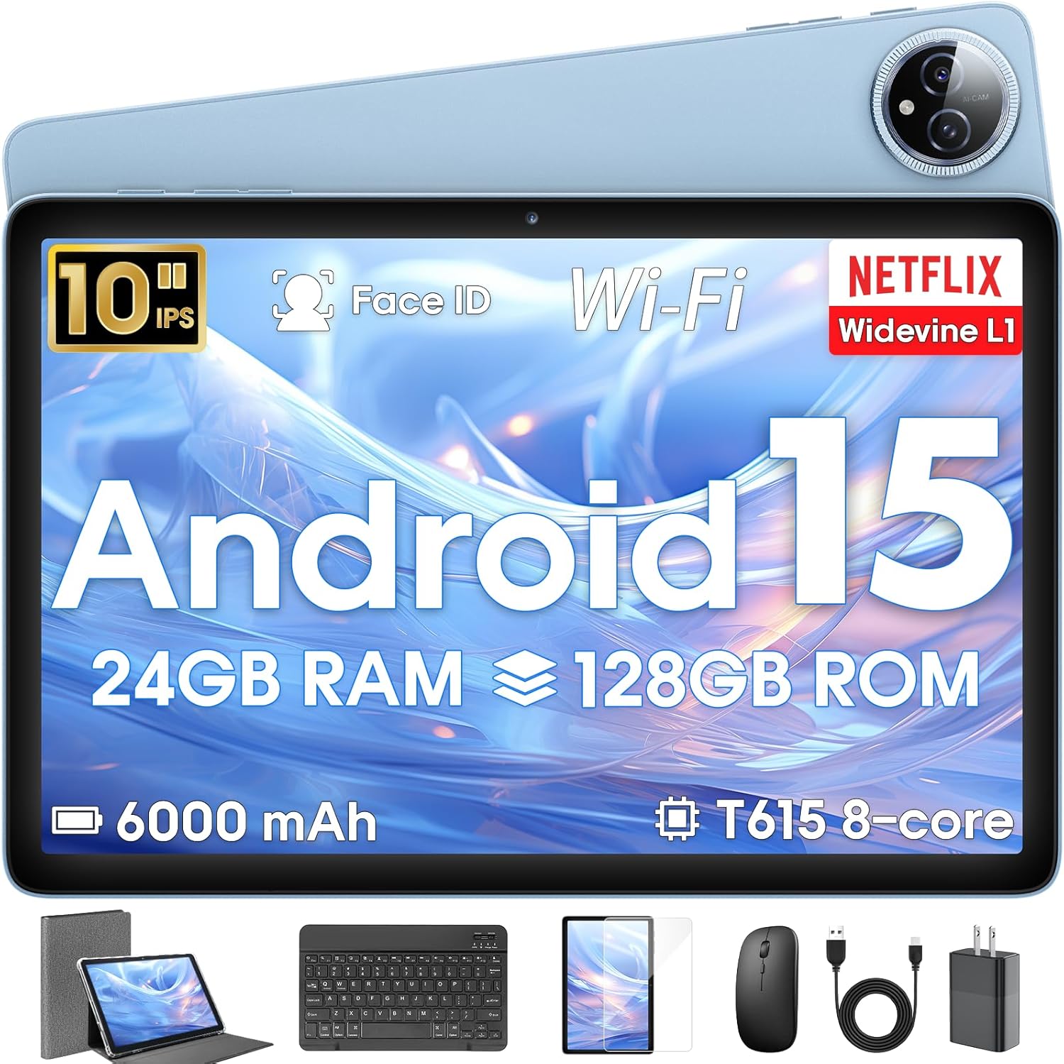 Android 15 Tablet 10 inch, 24GB RAM 128 ROM, Tablets with Keyboard Case Mouse Stylus, 1TB Expandable, Octa-Core 6000mAh 1280×800 IPS HD, WiFi, T615 CPU, High Performance, Processor, Dual Camera (Blue)