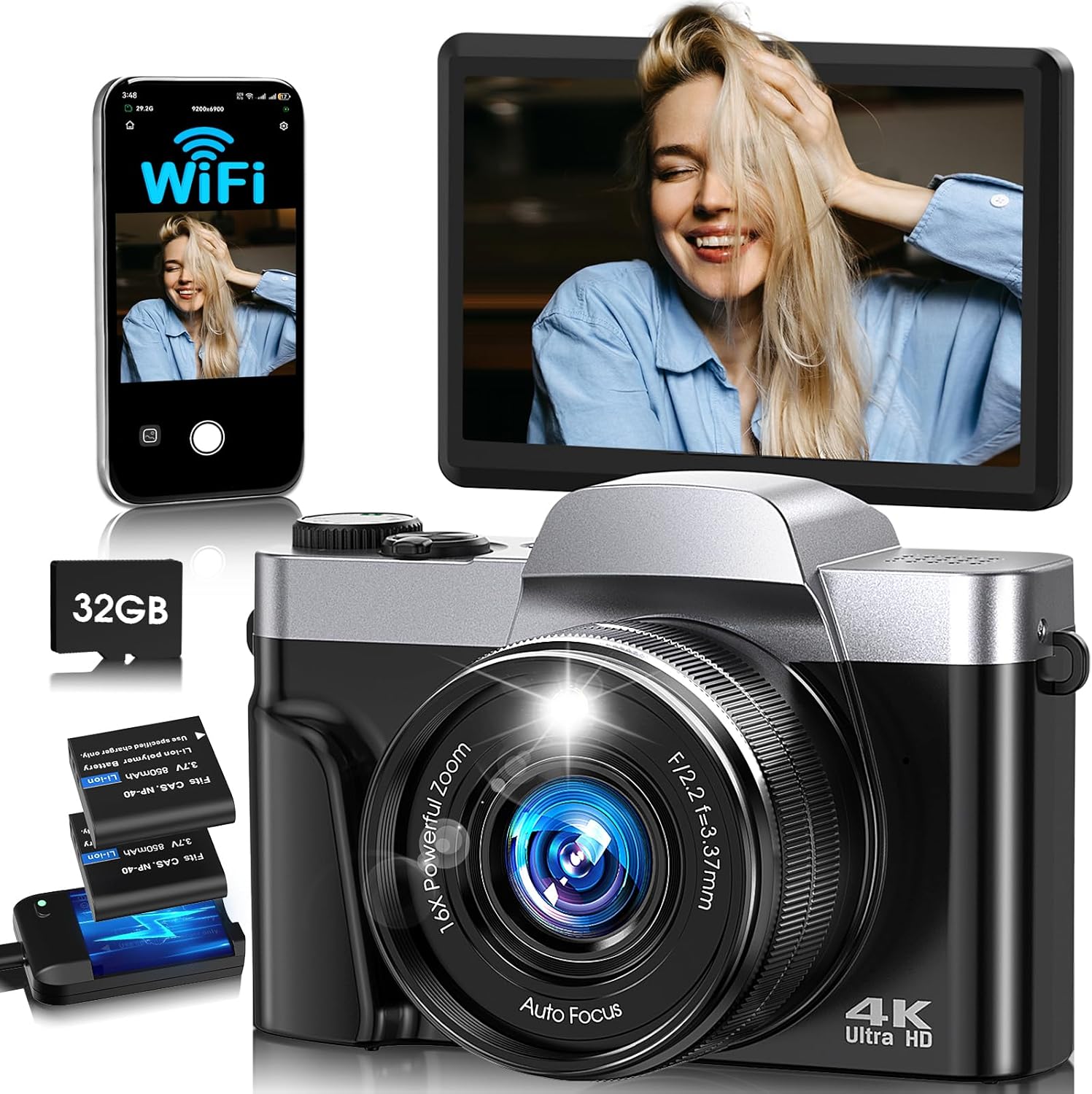 4K Digital Camera for Photography with WiFi,64MP Autofocus Vlogging Camera for YouTube,3” 180° Flip Screen Compact Travel Camera for Teens with 32GB SD Card,16X Zoom,Anti-Shake,2 Batteries(Black)