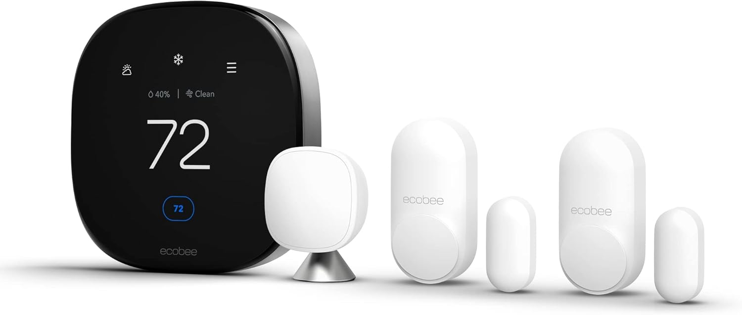 ecobee Comfort and Security Bundle, Smart Thermostat Premium with Siri and Alexa and Built in Air Quality Monitor and Smart Sensor with SmartSensor for Doors and Windows 2-Pack