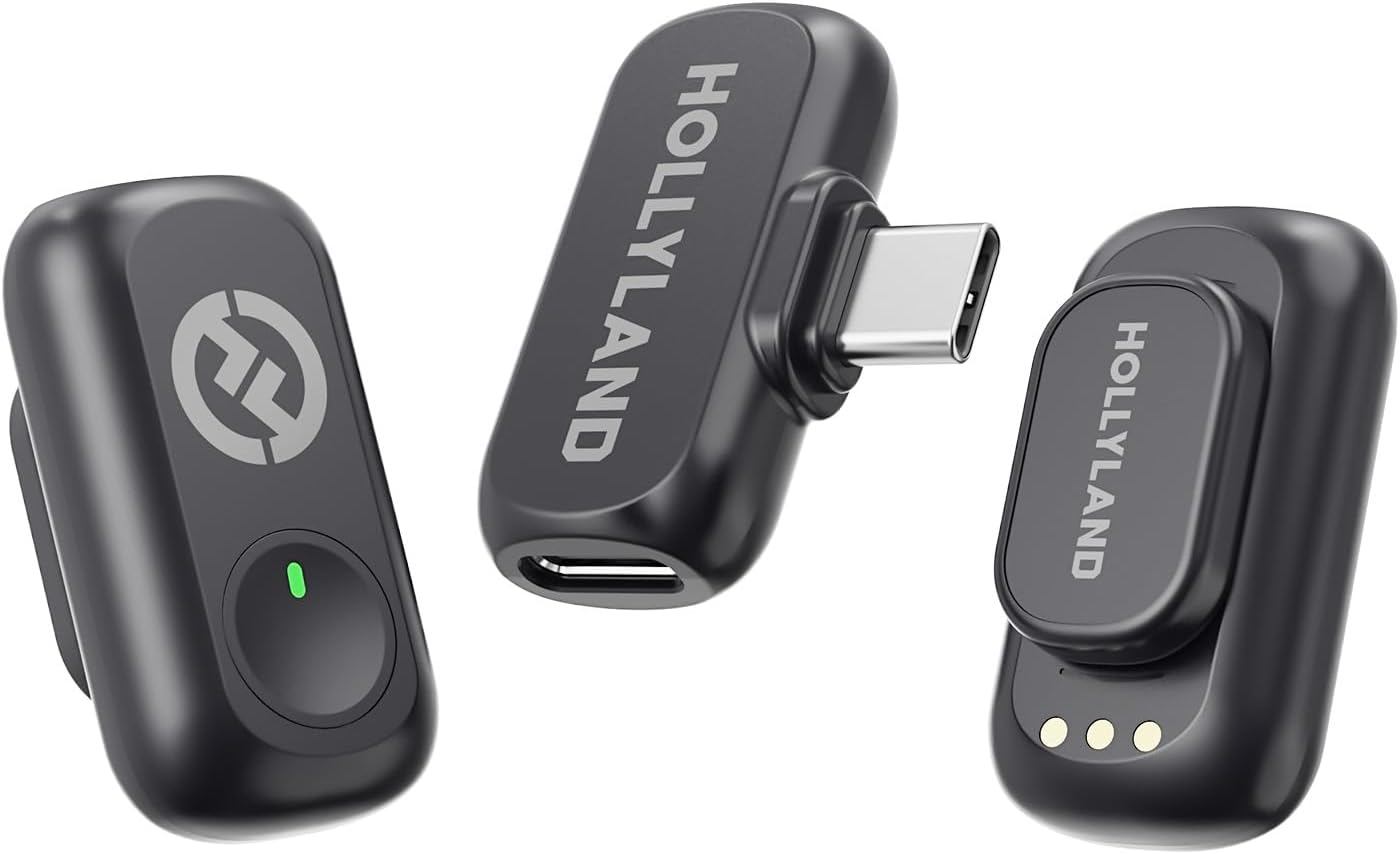 Hollyland Lark A1 Wireless Microphone for iPhone & Android, 48kHz/24-bit Studio Audio, 3-Level Noise Cancellation, 200m Range, Magnetic Mini Mic for Video Recording & Live Streaming (2TX + USB-C RX)