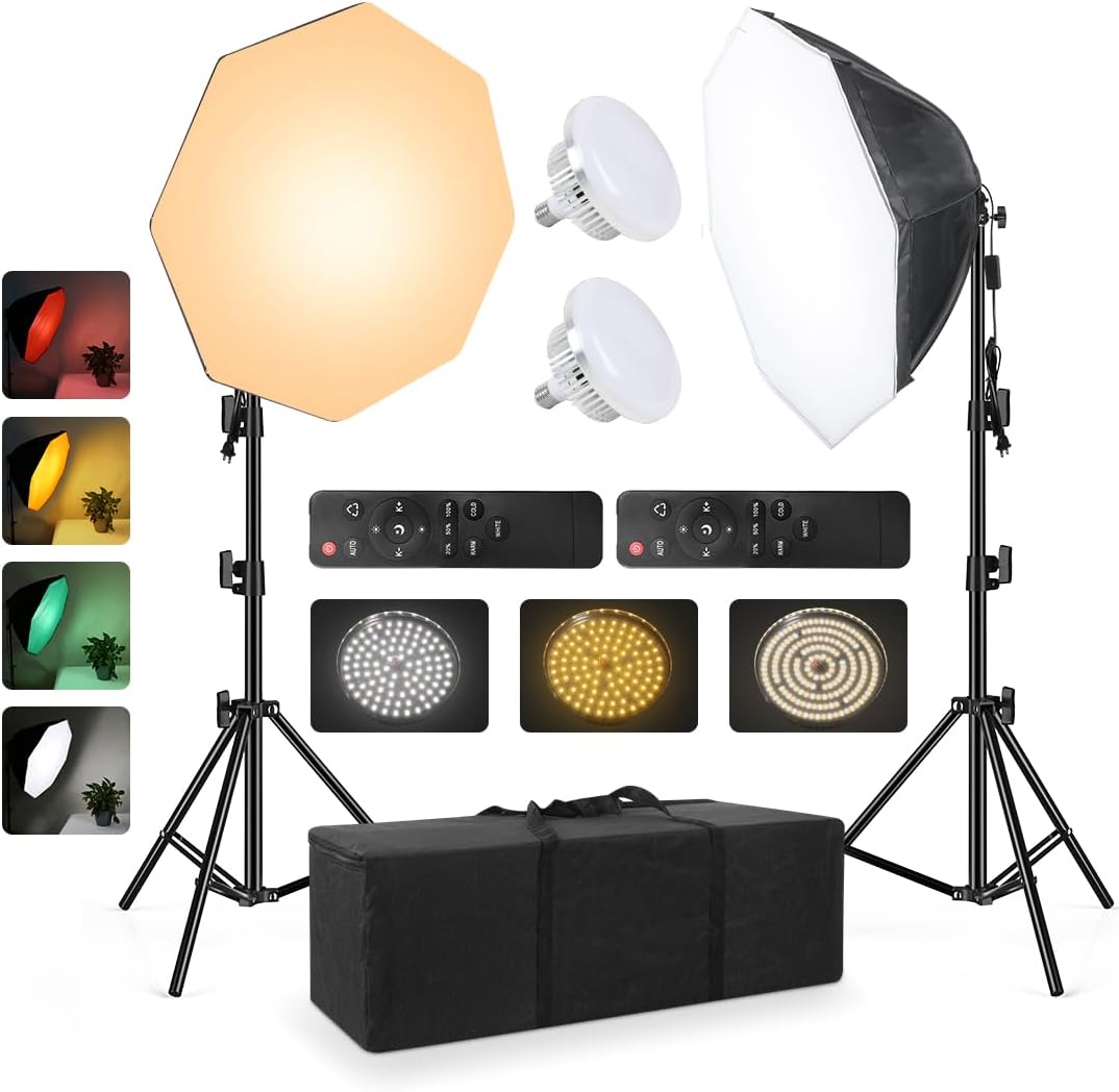 Softbox Continuous Lighting Kit for Camera Photo Video Photography Studio Light with 28” x 28”Octagon Softbox and Dimmable Super Bright Light Bulb/Nylon Color Screen/Light Stand/Carrying Bag