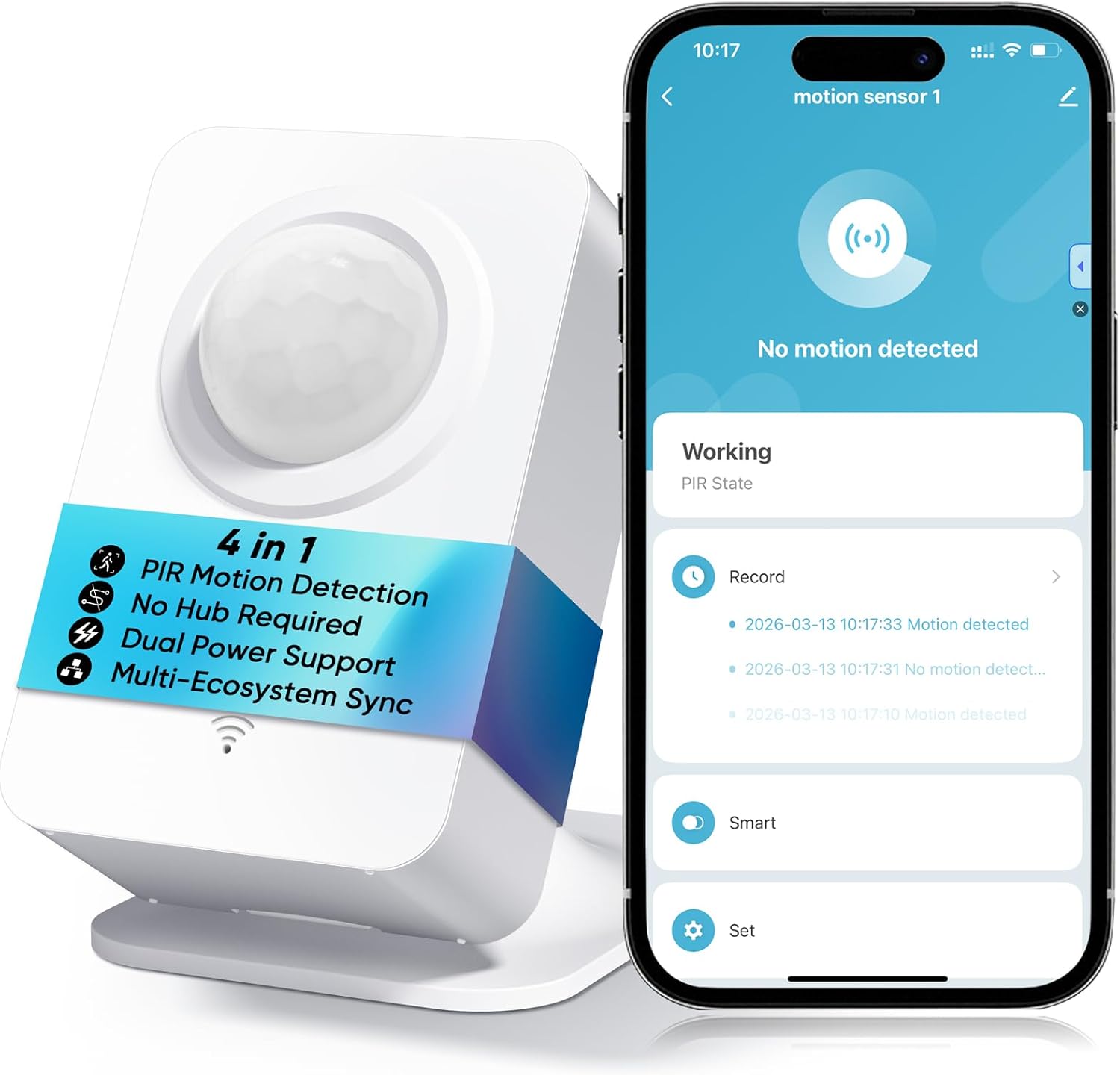 WiFi Motion Sensor, Smart PIR Motion Detector with Real-Time App Alerts, 128° Wide Angle & 8m Range, No Hub Required, Works with Smart Life/Tuya, Battery or USB Powered for Home Security Automation