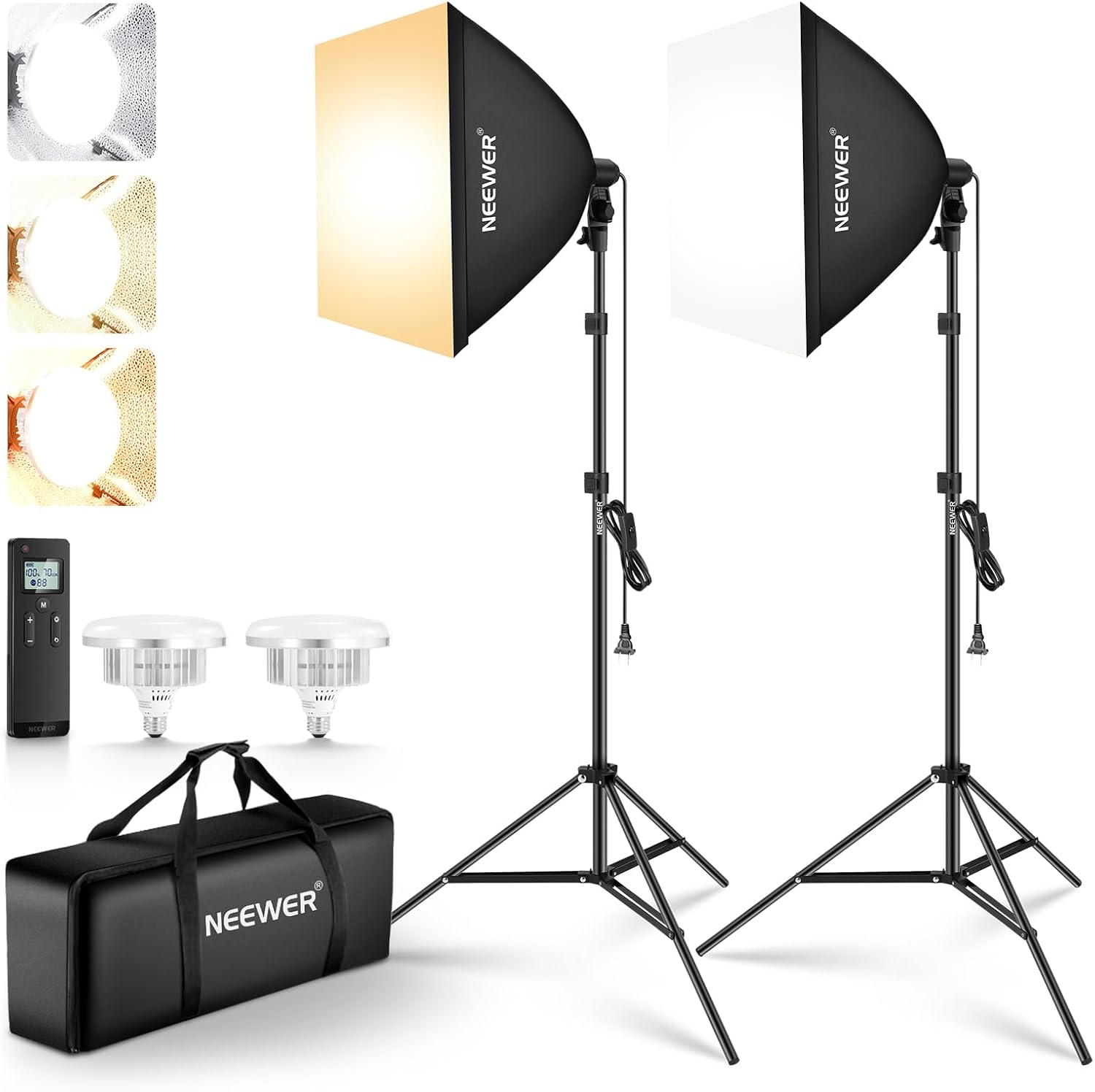 NEEWER 2Pcs 24″x24″ 900W Equivalent Softbox Lighting Kit with Tripod Stands, 45W Bi Color 2.4G LED Bulbs, Remote, 10 Channels 2900K-7000K 1400lx/m CRI95, Photography Continuous Lighting Kit, NK103