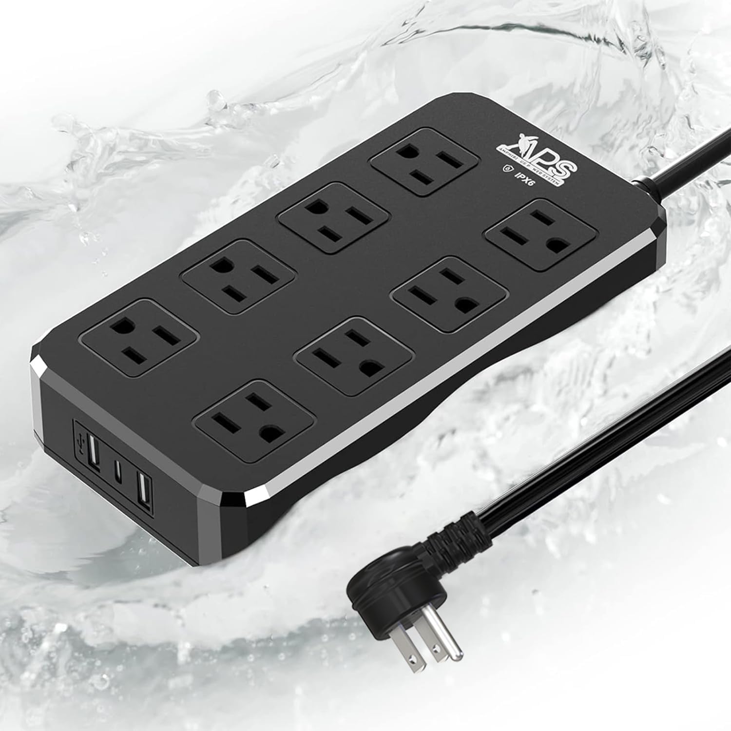 QIYUAN IPX6 Waterproof Outdoor Power Strip, Surge Protector with 8 Outlets & 3 USB Ports (2A1C), 6FT Flat Plug Extension Cord for Garden Patio – Fireproof ABS, Black