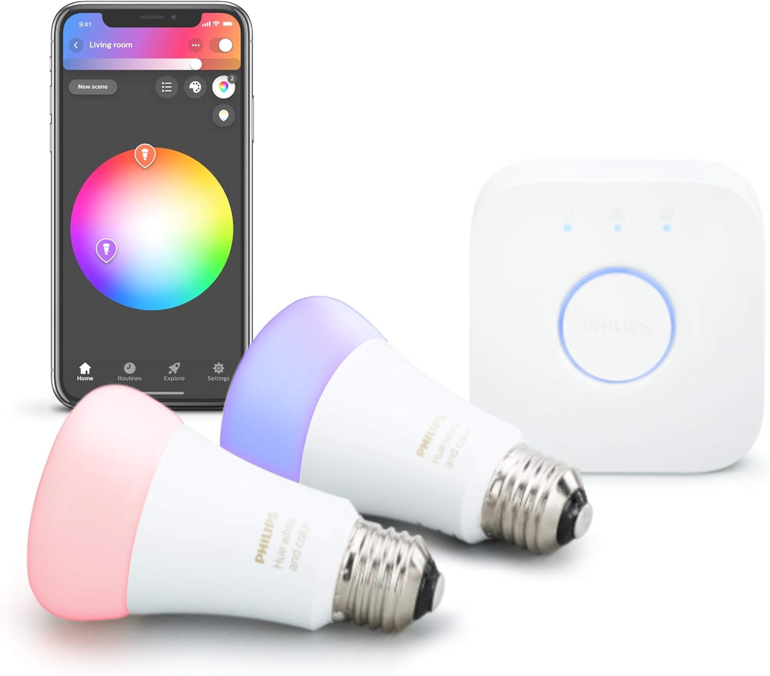 Philips Hue 2-Pack Premium Smart Light Starter Kit, 16 million colors, for most lamps & overhead lights, Works with Alexa, Apple HomeKit and Google Assistant