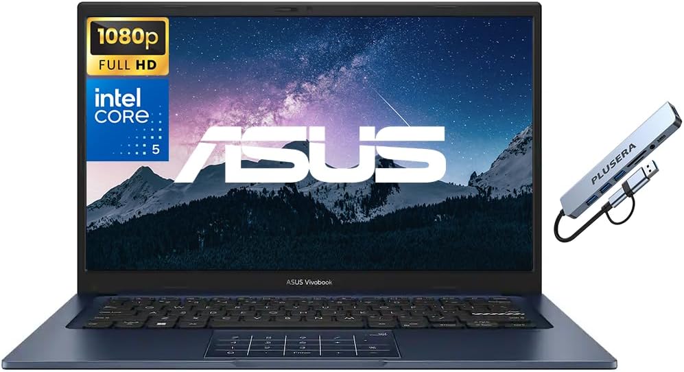 ASUS Vivobook 14″ FHD Business & Student Laptop Computer, 10-Core Intel Core 5 120U Processor, 8GB RAM 256GB SSD, Windows 11, PLUSERA 8-in-1 Hub Included, Quiet Blue