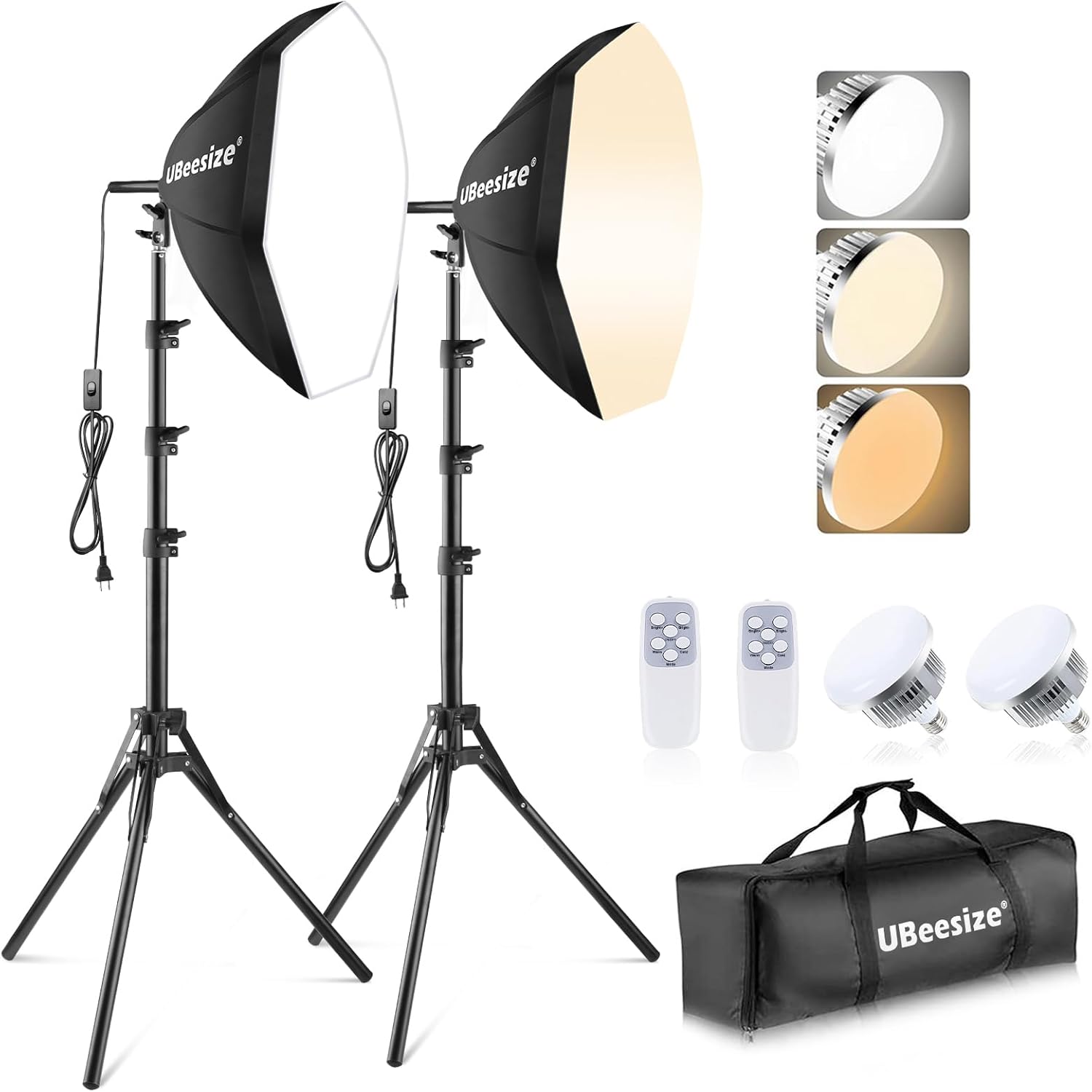 UBeesize Softbox Photography Lighting Kit, 20” x 20” Professional Softbox Lighting Kit with 85W 3000-7500K LED Bulbs, Studio Lights for Photography/Video Recording/Portraits Shooting/Live Streaming