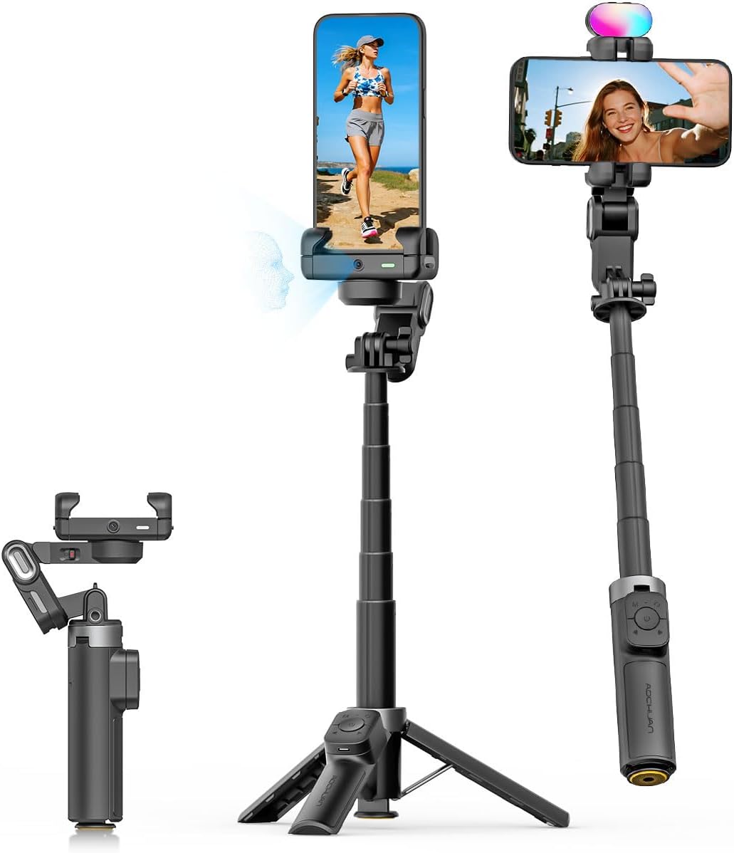AOCHUAN Gimbal Stabilizer for iPhone, 4 in 1 Phone Gimbal w/360° Rotation for iPhone/Andriod Sefie Stick Tripod w/Auto Face Tracking and Wireless Remote for Vlogging-M3 Promini Black
