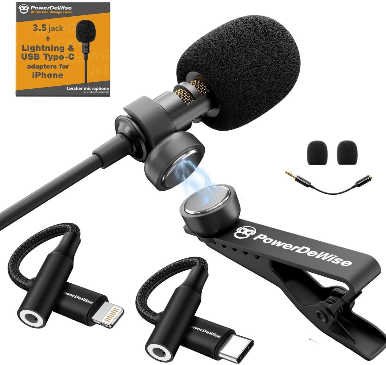 PowerDeWise Professional Grade Lavalier Clip On Microphone – Lav Mic for Camera Phone iPhone GoPro Video Recording ASMR – Small Noise Cancelling 3.5mm Tiny Shirt Microphone with Easy Clip On System