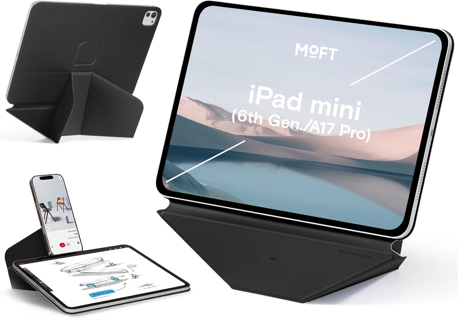 MOFT Dynamic Folio Tablet Stand for Desk Compatible with iPad mini A17 Pro 2024 & iPad mini 6th A15 2021, Slim Magnetic Tablet Holder Case with 20+ Viewing Angles, Jet Black