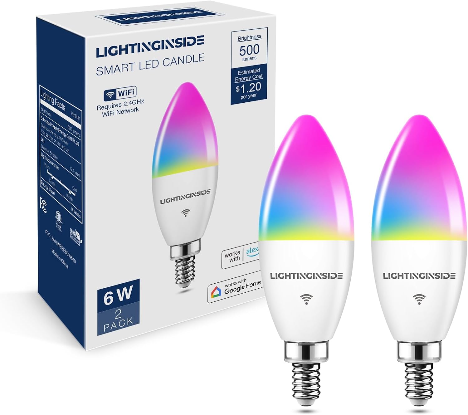 Lightinginside E12 Smart Light Bulbs 60W Equiv., Work with Alexa/Google Home/SmartLife, 500LM 6W RGBCW Candle Candelabra LED Light Bulbs, No Hub Required, 2.4G WiFi Bluetooth Bulb, ETL Listed, 2PCS