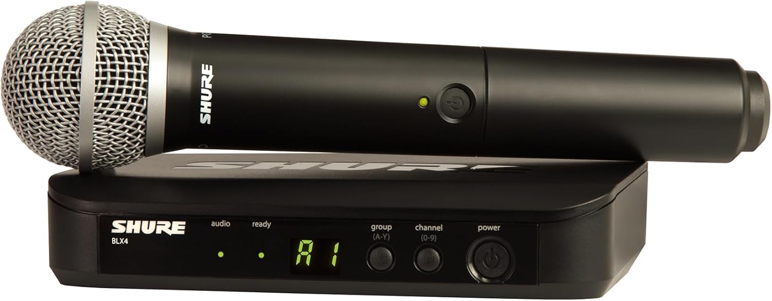 Shure BLX24/PG58 Handheld Wireless Audio System H9 Band (512–542 MHz) – BLX4 Receiver, BLX2 Transmitter with PG58 Dynamic Mic, Up to 14 Hr Battery, 300 ft Range