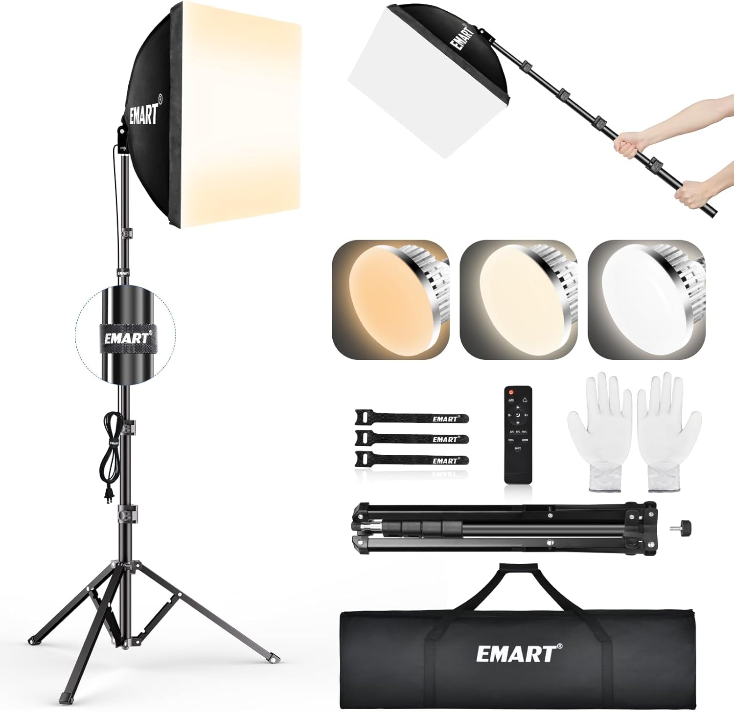 EMART Softbox Lighting Kit, 16″X16″ Soft Box, 3000K-6000K 85W LED Bulbs with Remote, 65″ Tripod, Professional Softbox Photography Lighting Kit for Studio Lights, Portrait, Video Recording(1PACK)