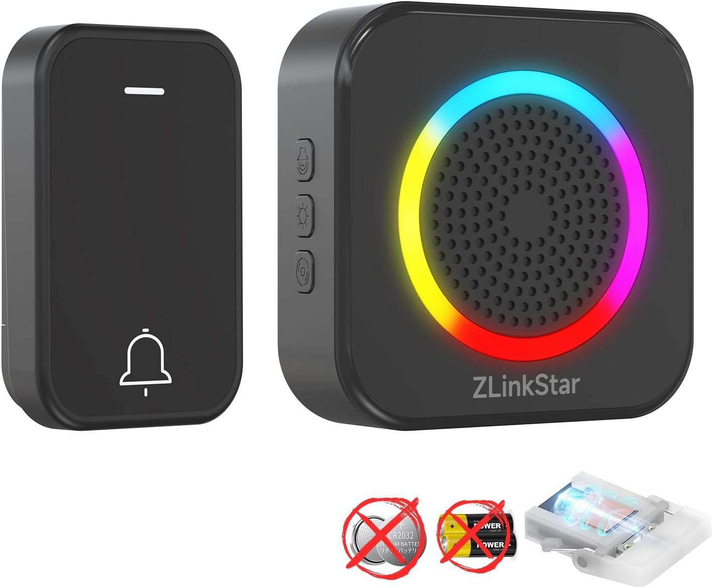 Doorbell Wireless No Battery Needed,Self-Powered wireless Door bells Range 600ft,4Volume Levels with RGB Lighting,Waterproof Doorbell for Home（Black+1transmitter+1receiver）