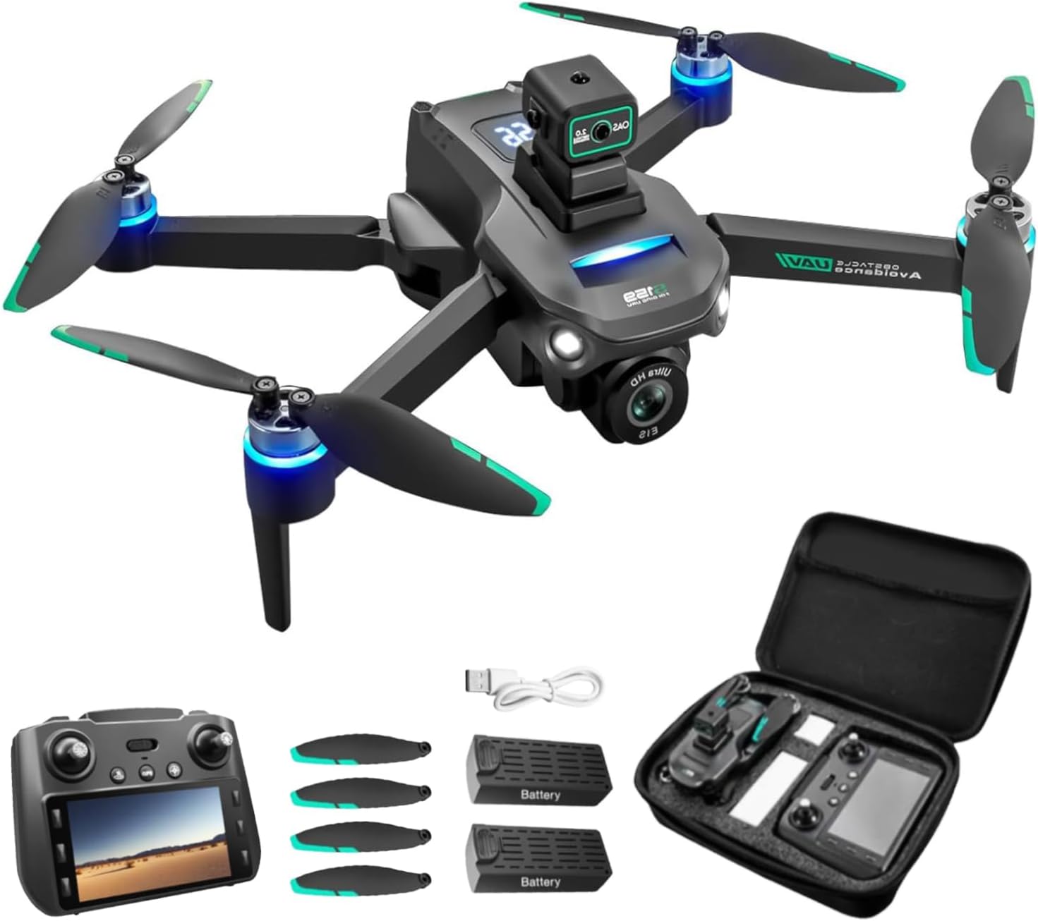 Drone with Camera 4k, GPS HD Drones for Adults, Remote Controller with Screen, Obstacle Avoidance, Brushless Motor FPV, 5G Transmission, 2 Battery, Professional (2 Battery+Black)