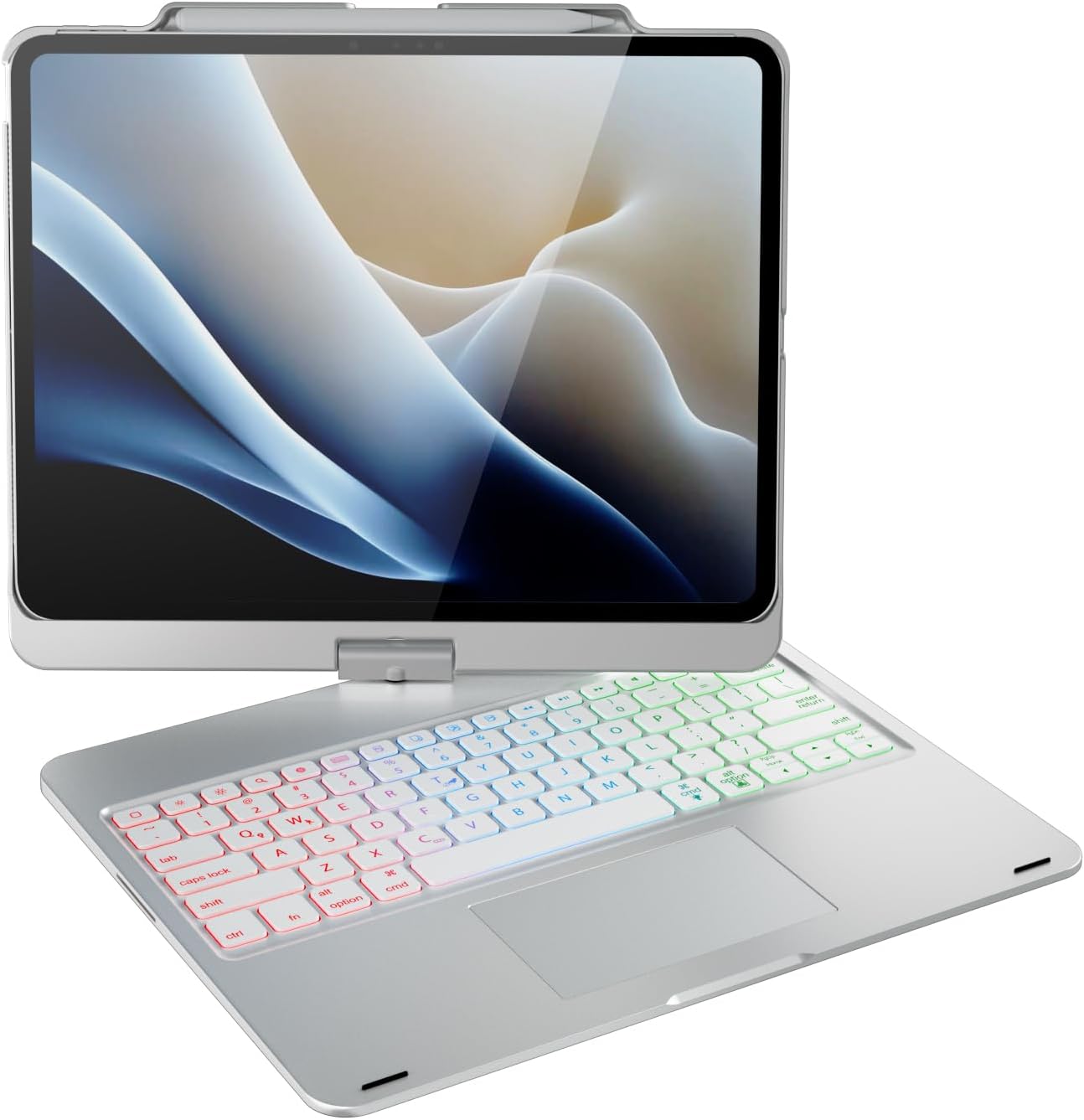 doqo Keyboard case for iPad Air 13 inch (M4/M3/M2),iPad Pro 13 (M5/M4),iPad Pro 12.9″(6th/5th/4th/3rd Gen) Case with Keyboard 360° Rotatable with Trackpad 7 Color Backlit Pencil Holder Silver