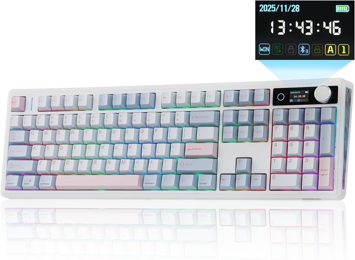 EPOMAKER TH108 V2 PRO Full Size Mechanical Keyboard with Screen&Knob, 10000mAh, BT/2.4Ghz, Mac Modifier PBT Keycap, Hot Swap, RGB, Gasket, Wireless Gaming Keyboard for Mac/PC (Blue, Sea Salt Silent)