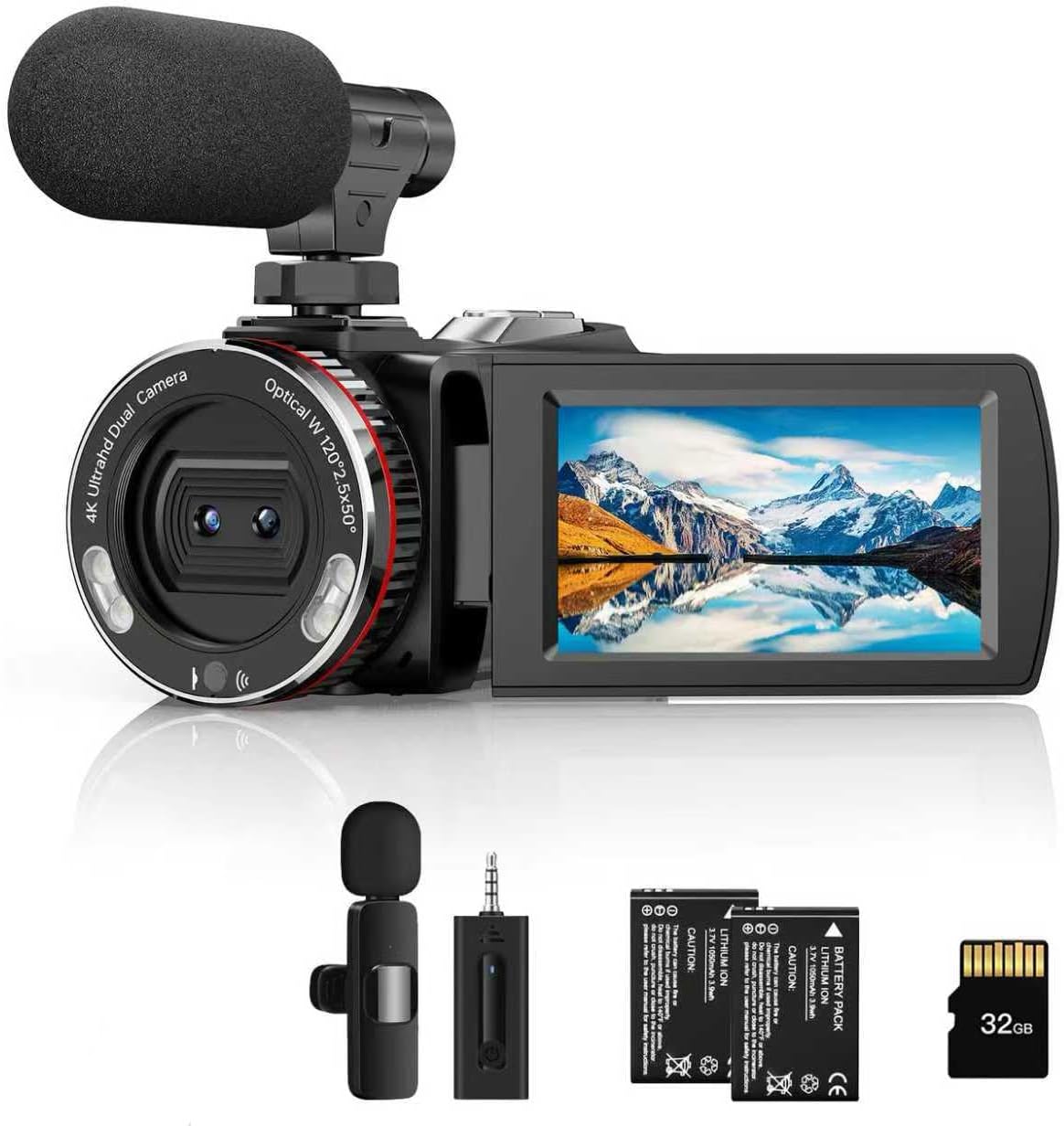 Video Camera, Camcorder 4K, 64MP 30FPS Dual Lens Camera with Wireless Mic for Vlogging YouTube, Ultra HD 3 Inch Screen 21X Digital Zoom, Video Recorder Camera with 64GB SD Card