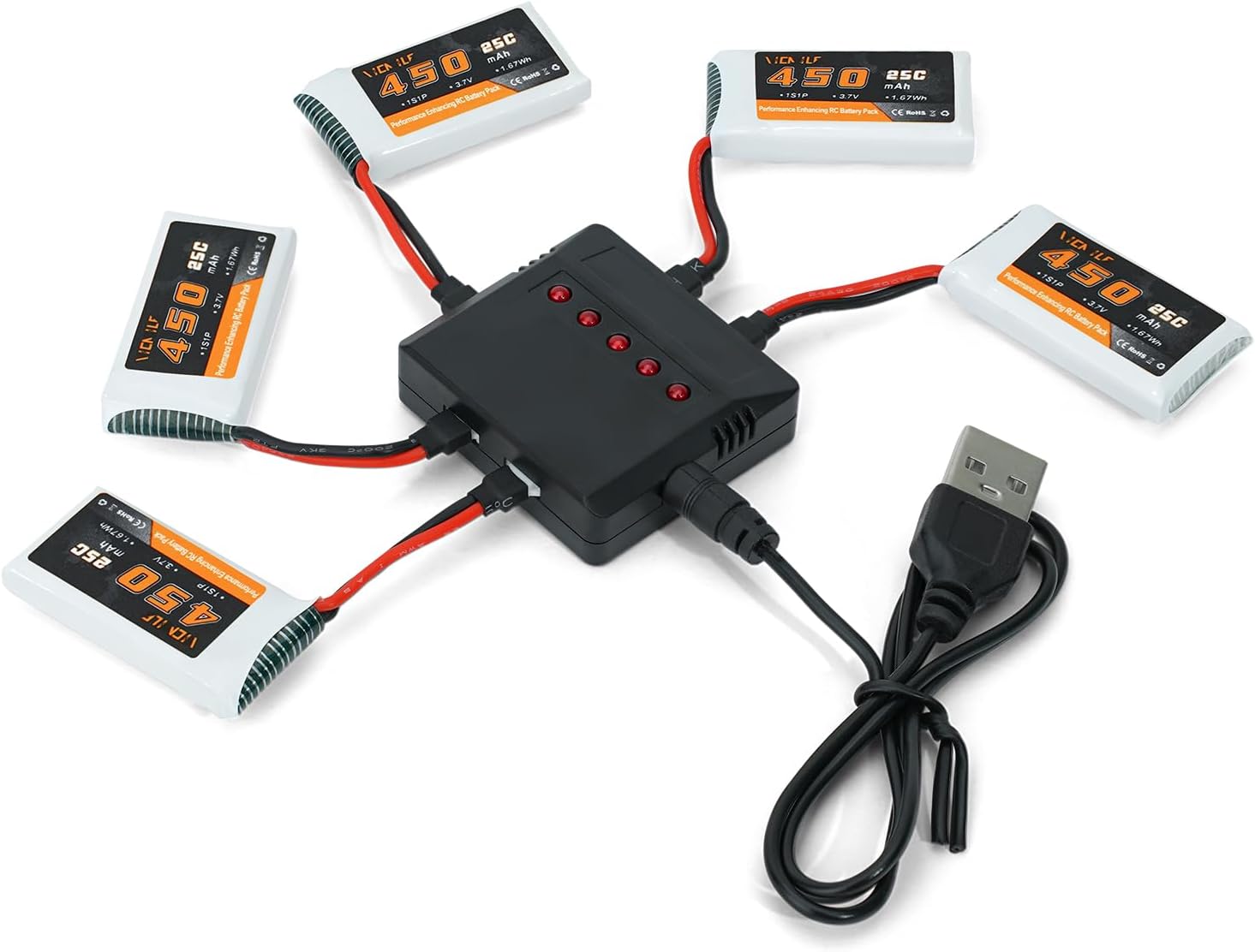 3.7V Lipo Battery 450mAh High Capacity 25C RC Molex Drone Battery with 5-in-1 Charger for SYMA Q11 AT-96 TR-C385 TR-P51 TR-F22 H99W H31 H6C H98 Holy Stone HS170G HS170 HS170C HS230 Quadcopter