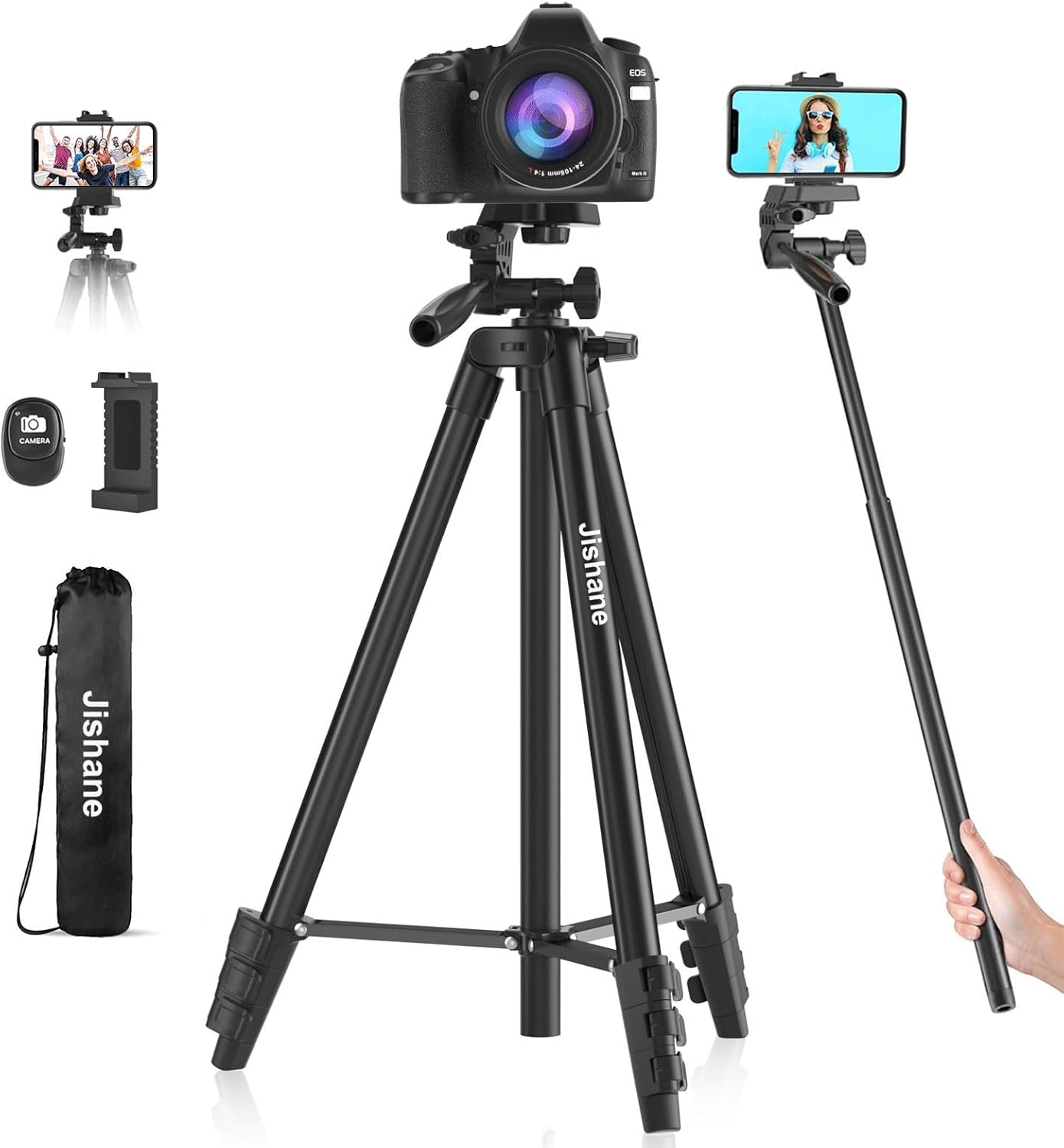 71″ Camera Tripod, Versatile Cell Phone Tripod with Wireless Remote Phone Holder and Carry Bag, Lightweight Portable Camera Tripod Stand Compatible with Smartphone Cameras, Max Load 6.6 lbs