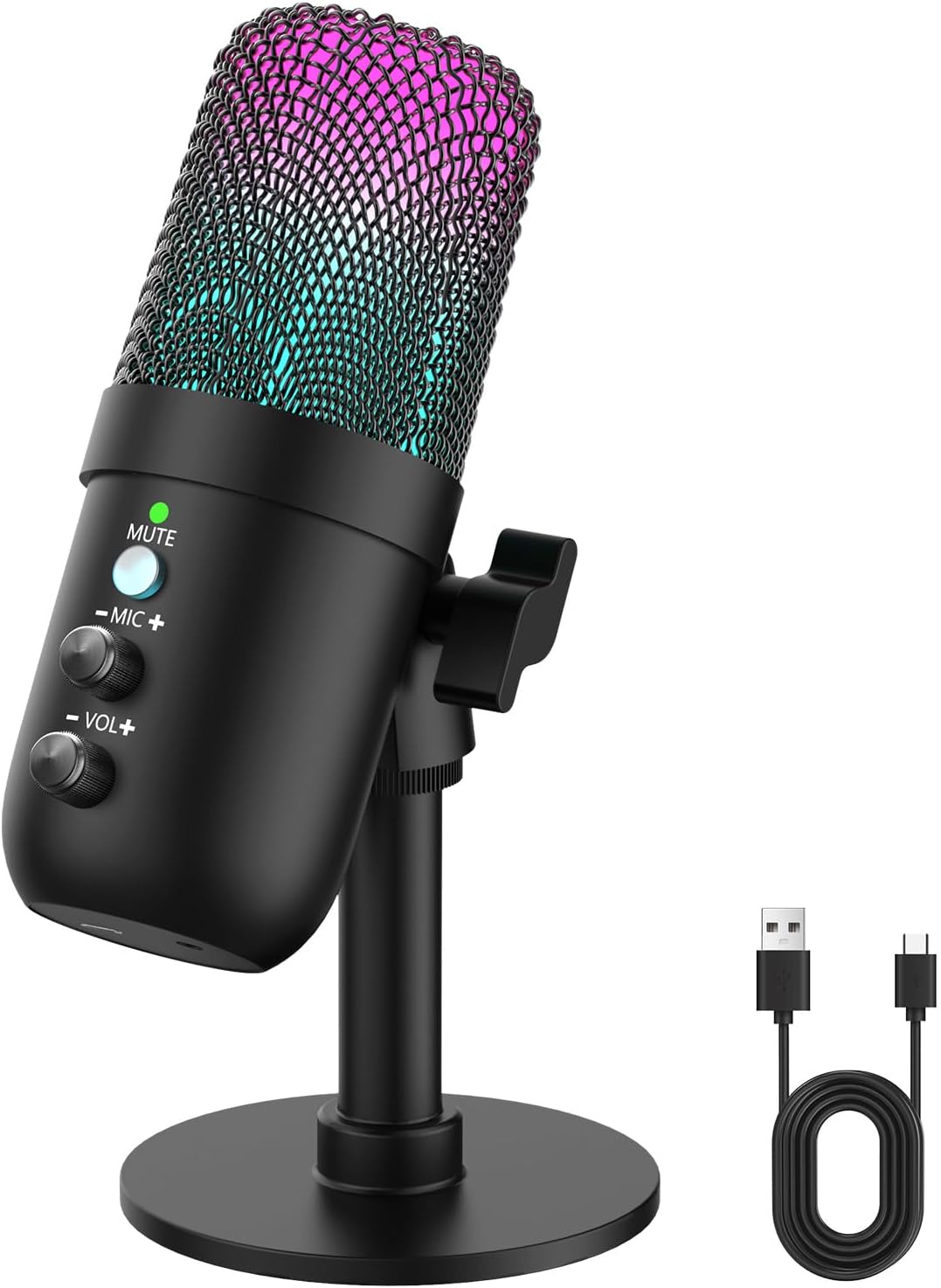 USB Microphone, Computer Condenser Mic with Noise Cancellation, Echo Mode, RGB Lighting, Mute Button, Plug & Play Gaming Mic for PC, Mac, PS5, Streaming, Recording, Podcasting & Online Meetings