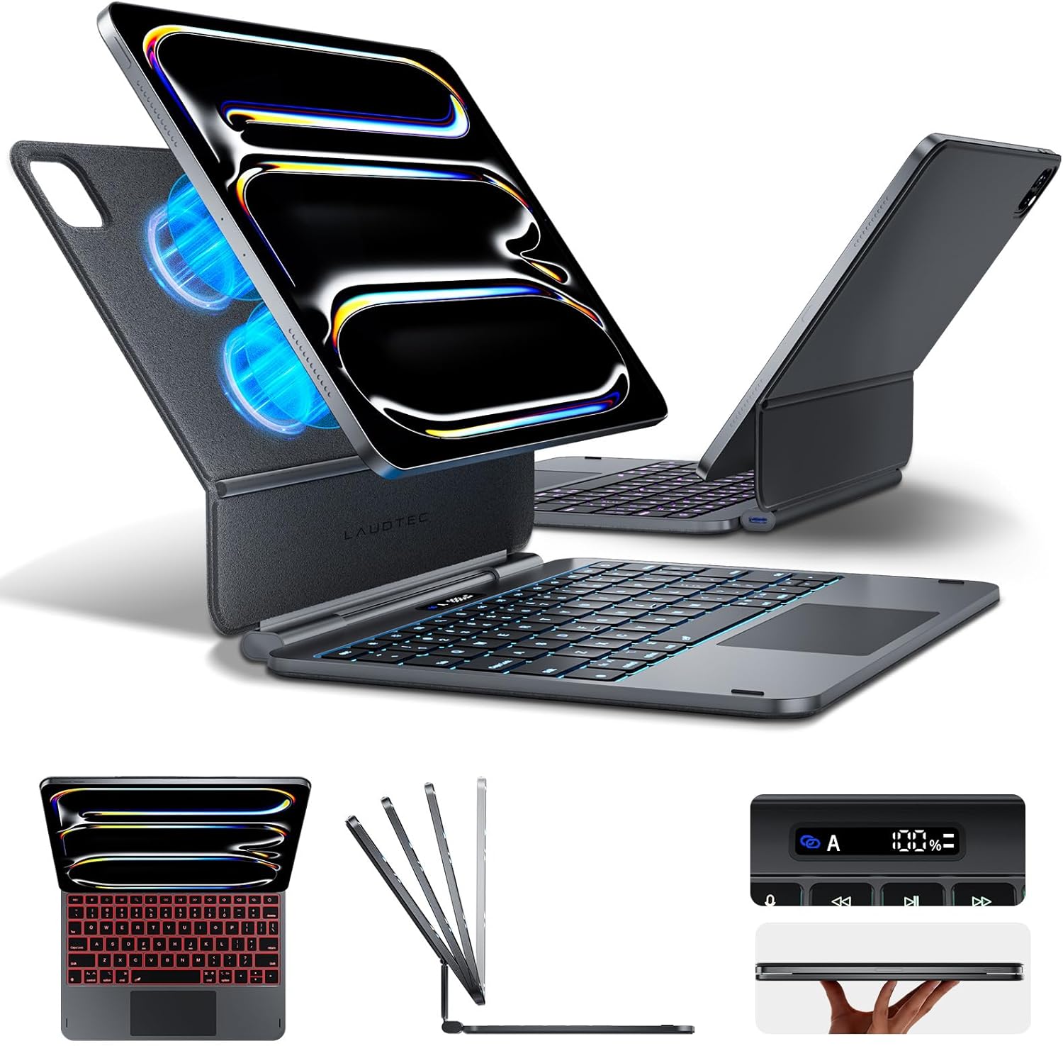 LAUDTEC Magnetic Keyboard Case for iPad Pro 11-inch (M5 2025 / M4 2024), Slim Skin-Feel Leather Cover with Smart LCD Power Display, Multi-Touch Trackpad & 7-Color Backlight, Black