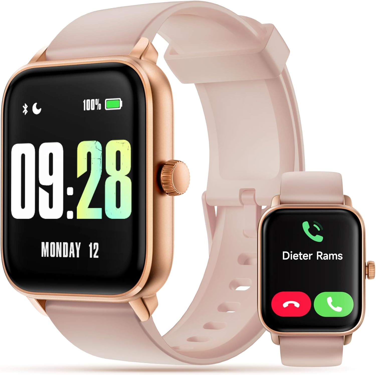 KEEPONFIT Smart Watch Answer/Make Calls, 1.85″ Aluminum Case Alexa Built-in Fitness Tracker with IP68 Waterproof/100 Sports Modes/Heart Rate/Sleep for iOS/Android (Champagne Pink)