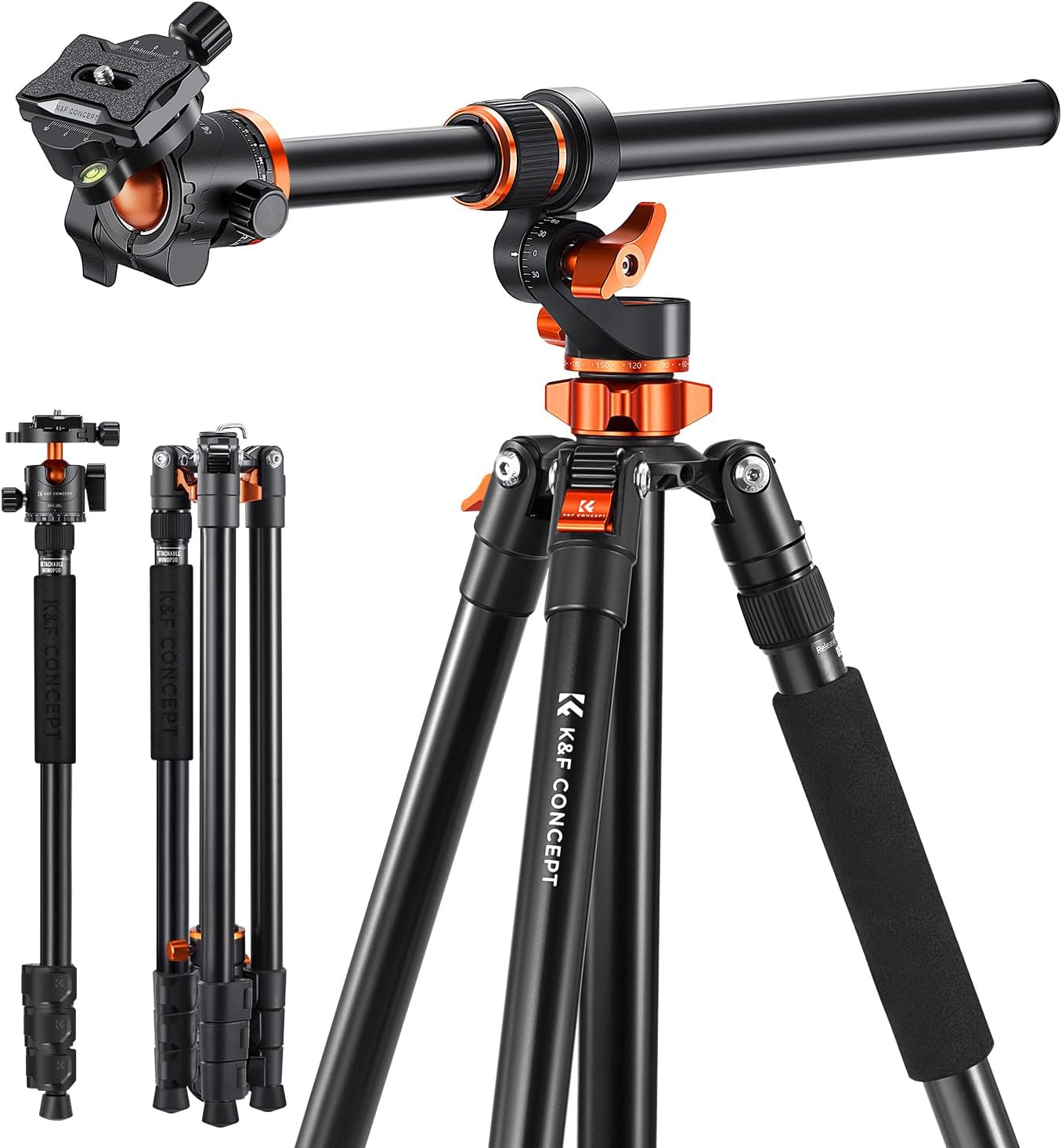 K&F CONCEPT 90”/230cm Ultra High Camera Tripod,Horizontal Overhead Shooting Flexible Travel Tripods with Metal Ball Head 10KG Load Capacity, Detachable Monopod, for Indoor and Outdoor T254A7+BH-28L