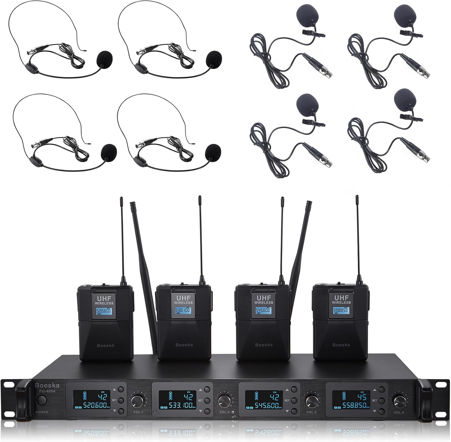 Wireless Microphone System 4 Channel UHF 4 Lavalier Lapel Headset Mics for Karaoke Church Speaking Conference Meeting Party, 4×25 Adjustable Frequency (4 Bodypack)