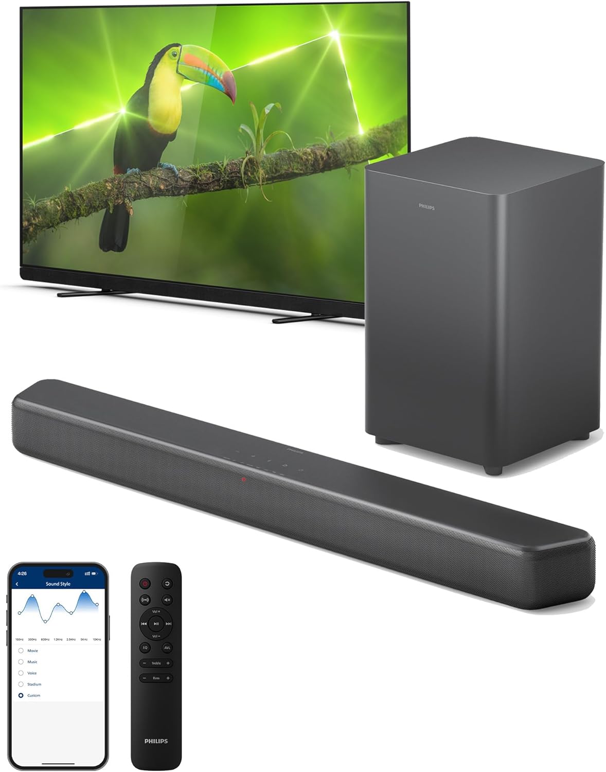 Philips B5309 2.1 Channel Soundbar with Wireless Subwoofer – Bluetooth, HDMI ARC, DTS Virtual:X, 240W Max Power, Dark Grey